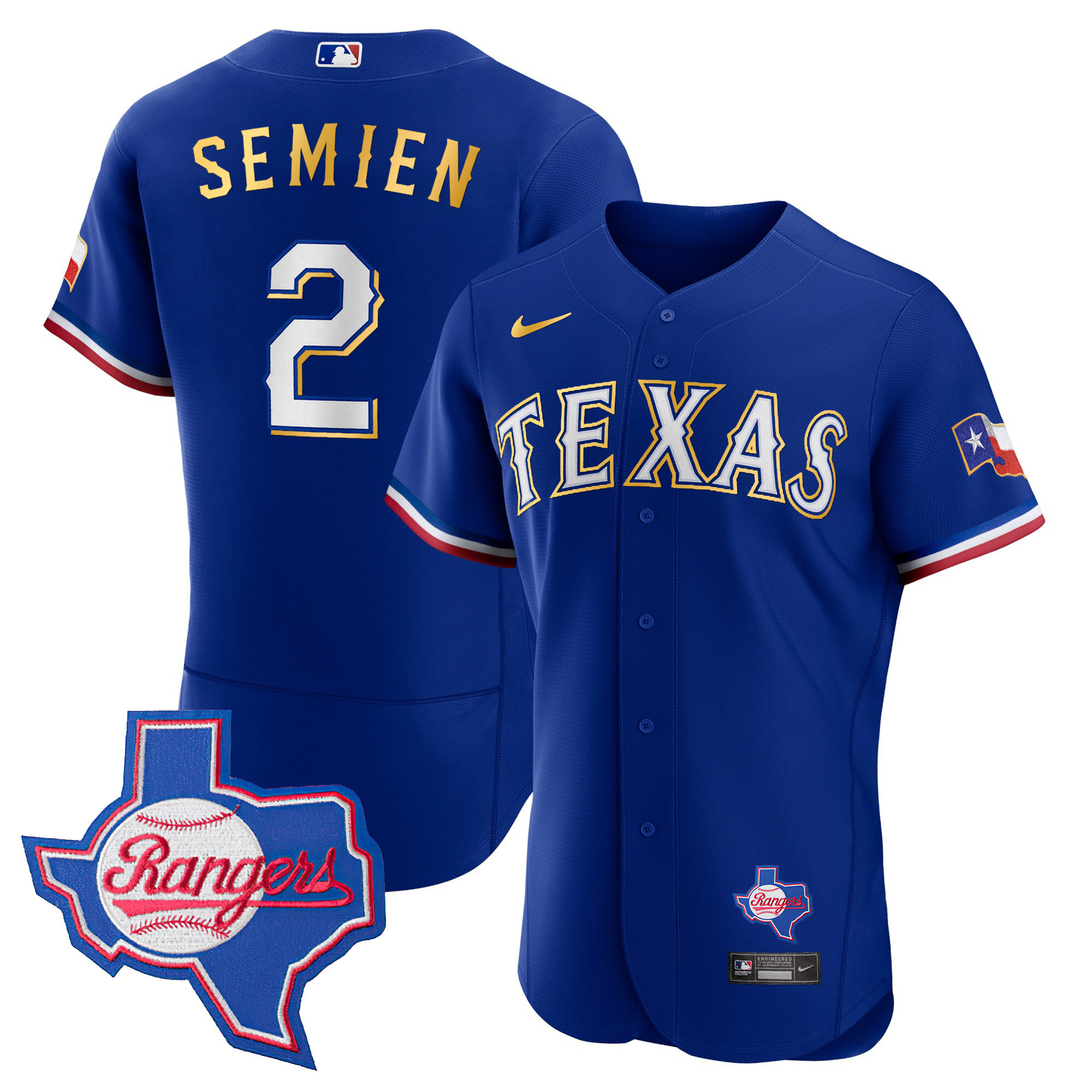 Marcus Semien Men's Texas Rangers Gold Trim Flex Base - Texas Patch Royal Jersey - All Stitched