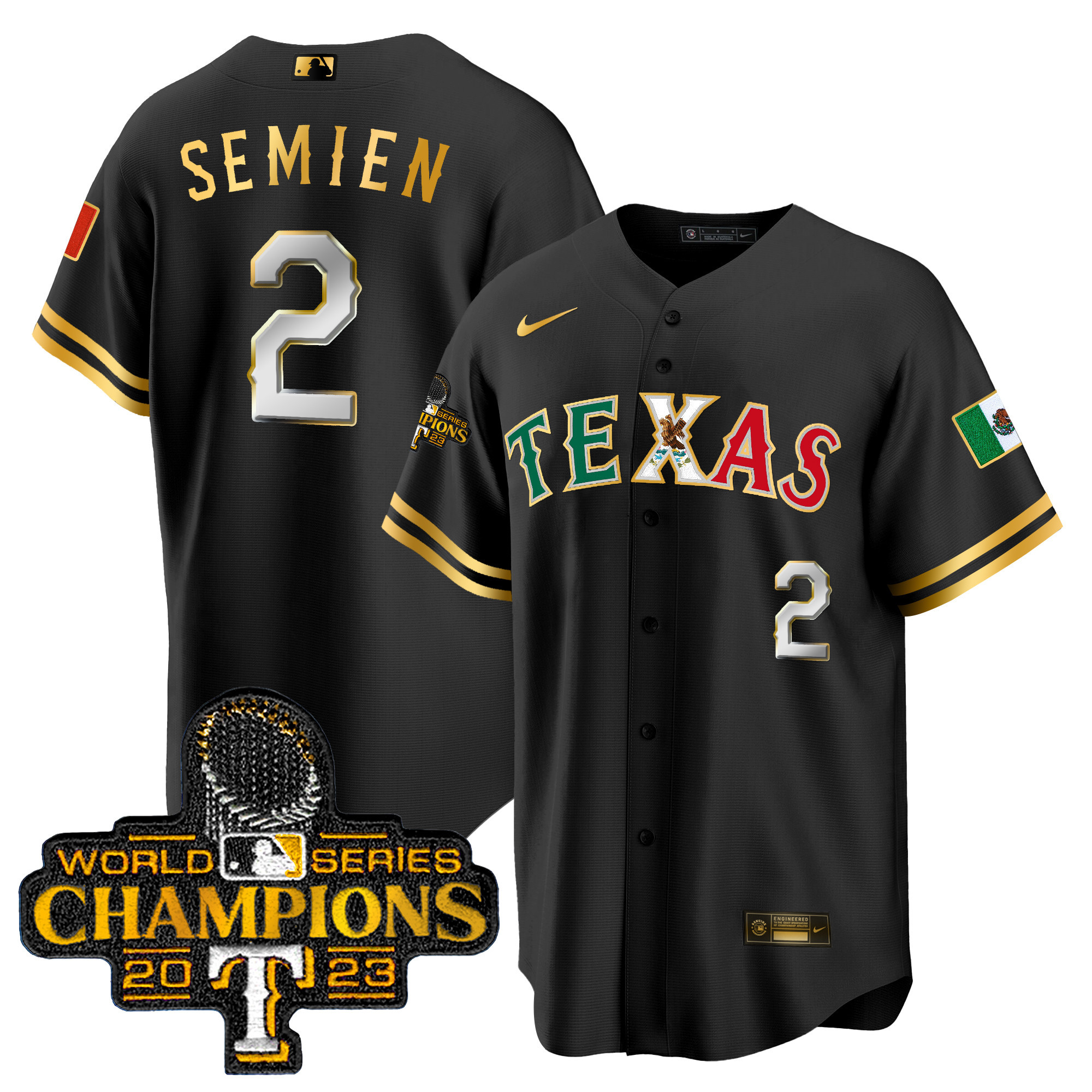 Marcus Semien Men's Texas Rangers Mexico 2023 World Series Champions Baseball Black Gold Jersey - All Stitched