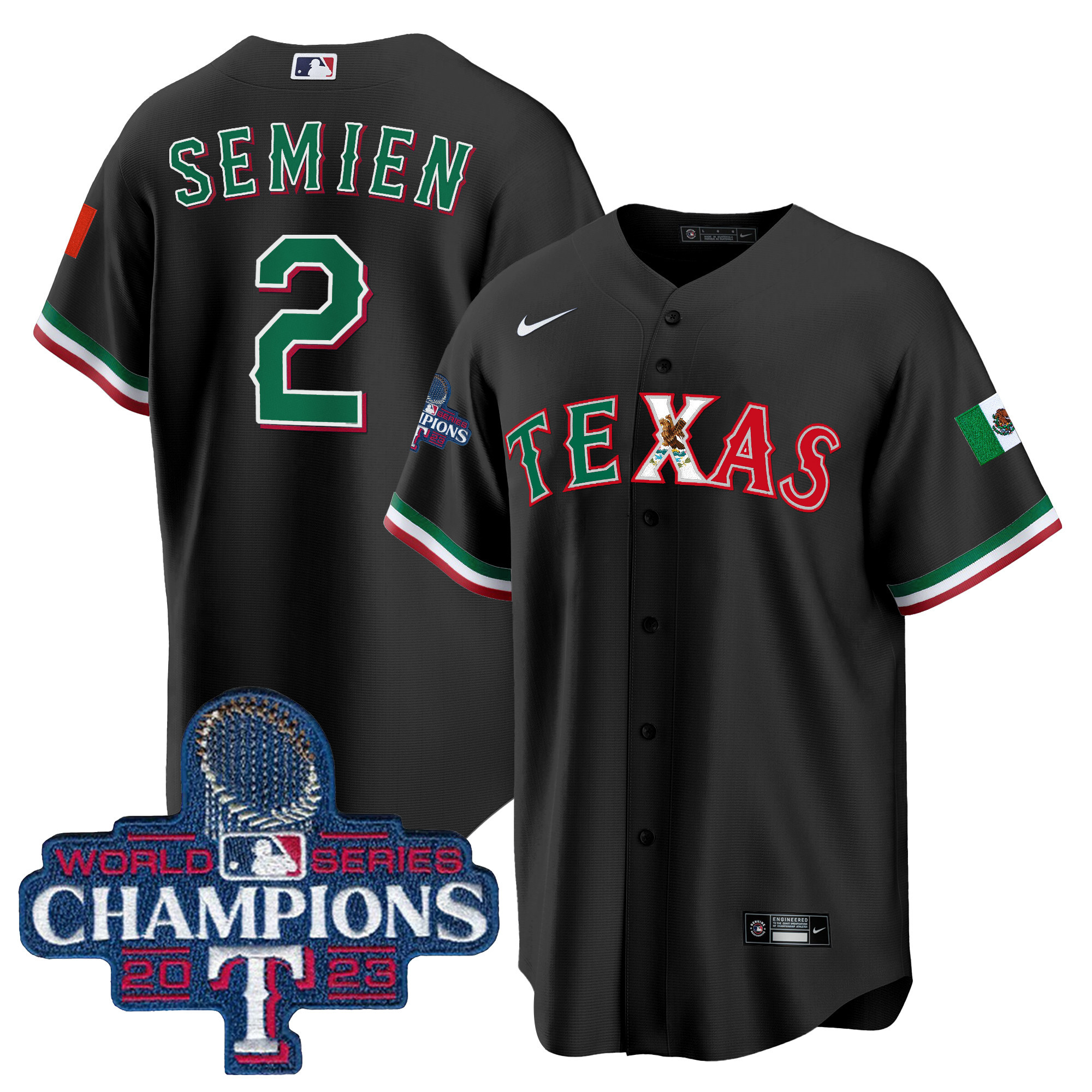 Marcus Semien Men's Texas Rangers Mexico 2023 World Series Champions Baseball Black Jersey - All Stitched