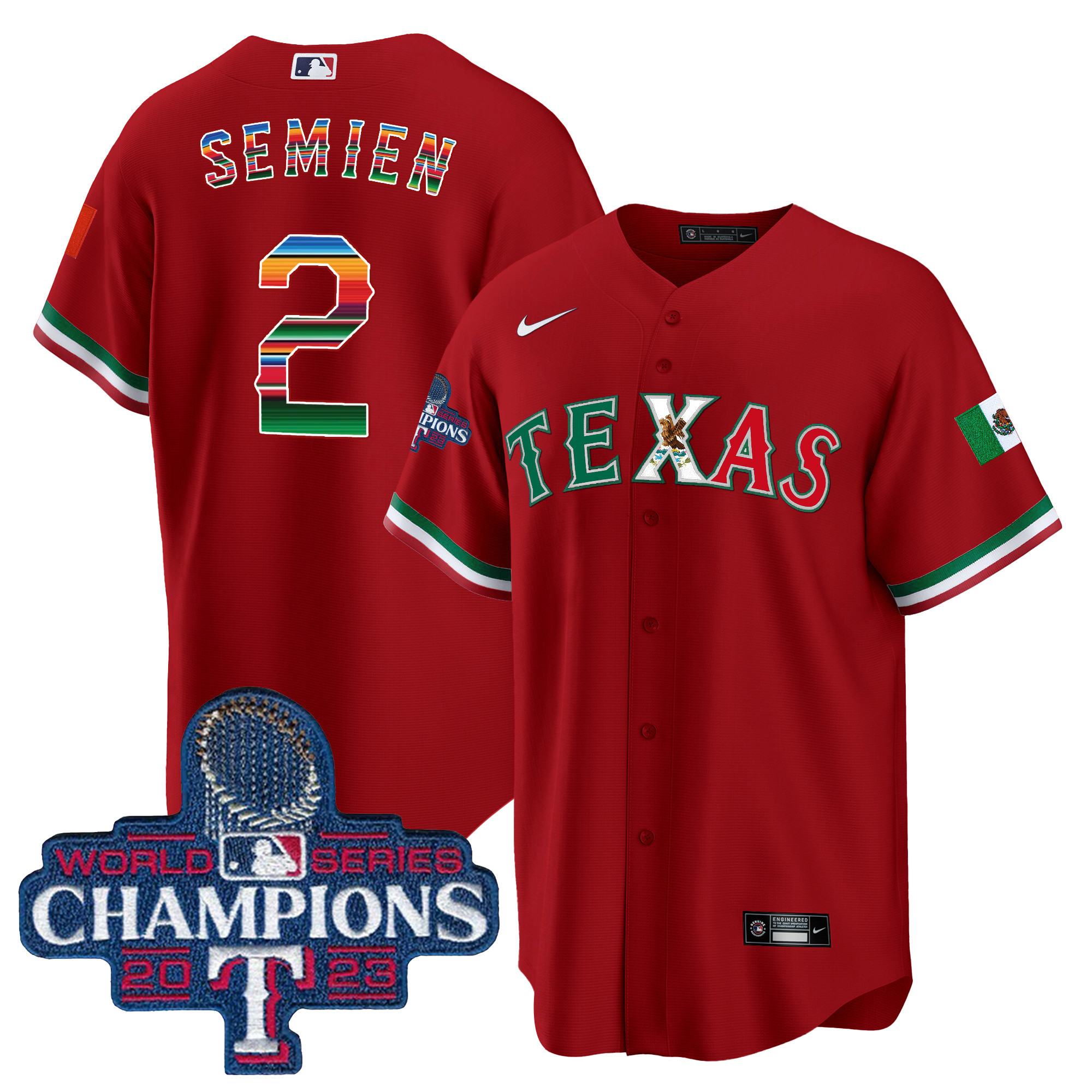 Marcus Semien Men's Texas Rangers Mexico 2023 World Series Champions Baseball V2 Red Jersey - All Stitched