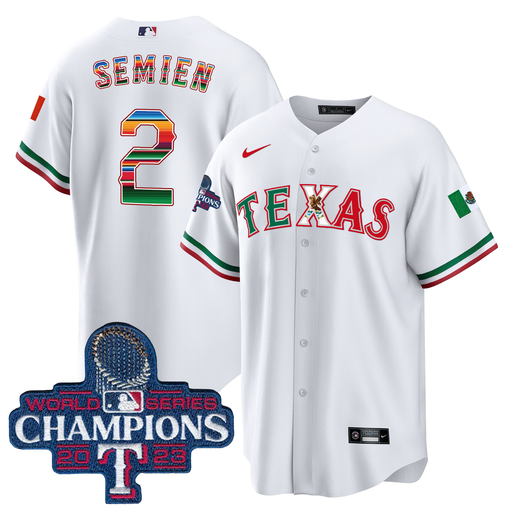 Marcus Semien Men's Texas Rangers Mexico 2023 World Series Champions Baseball V2 White Jersey - All Stitched