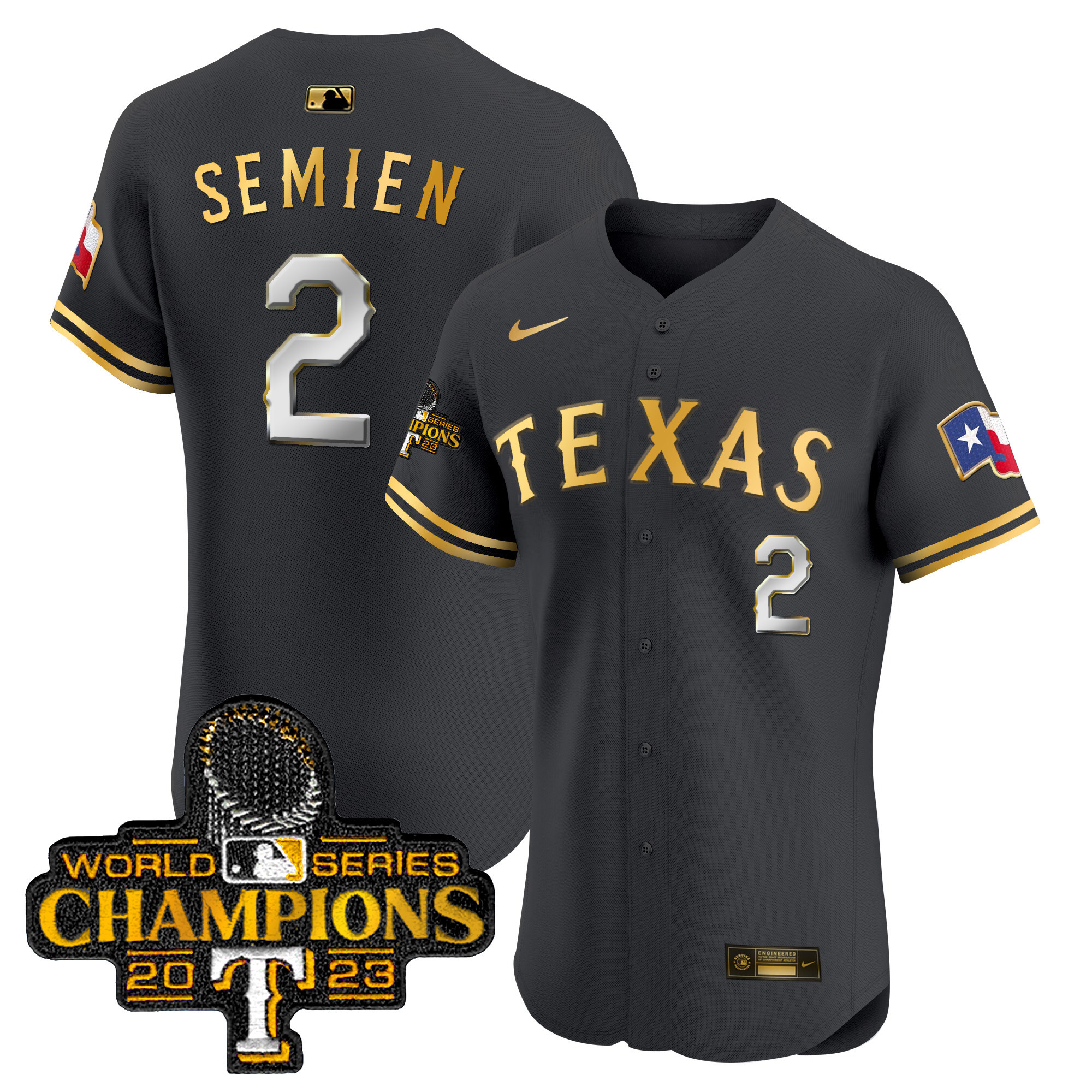 Marcus Semien Men's Texas Rangers World Series Champions Vapor Premier Elite Black Gold Jersey - All Stitched - Image 1