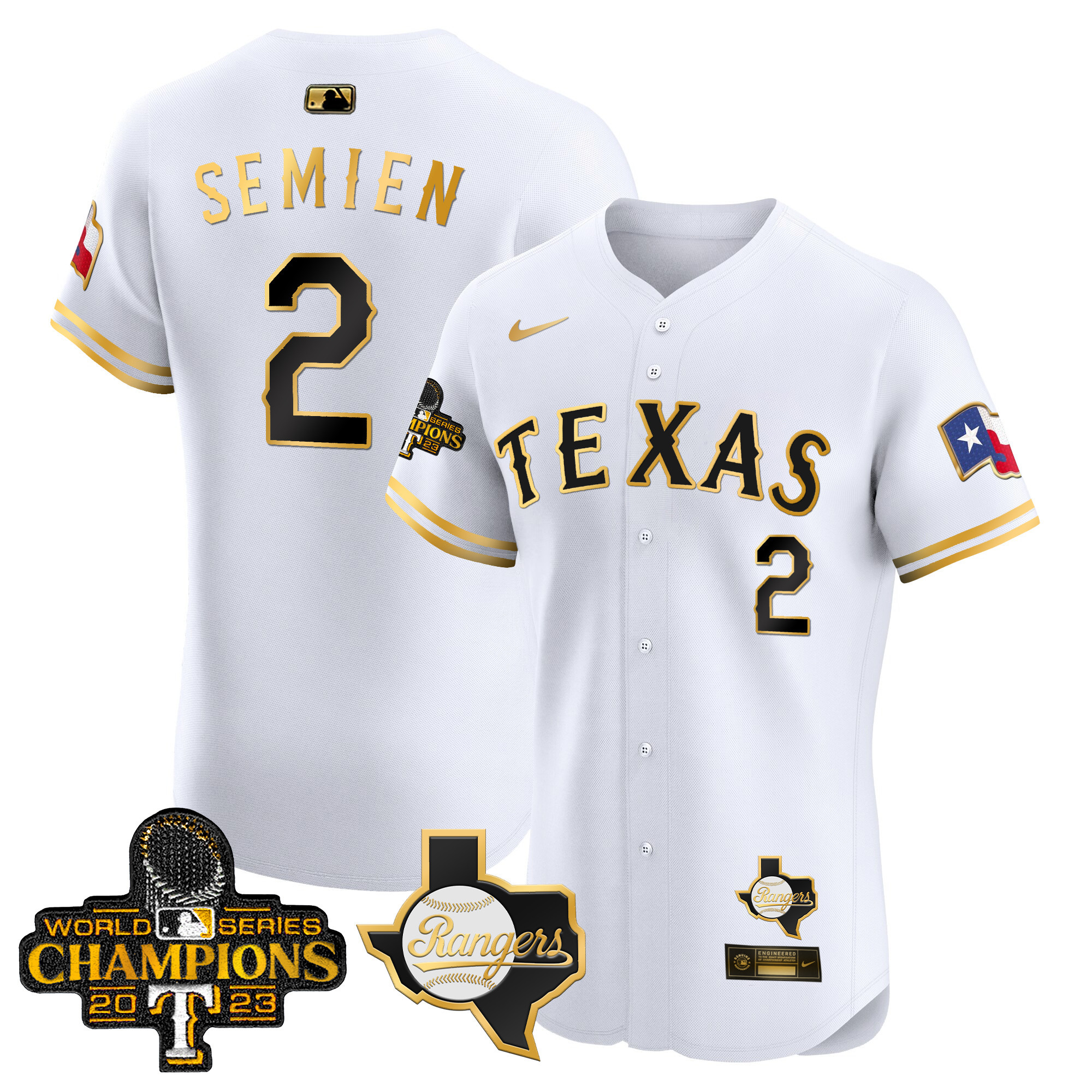 Marcus Semien Men's Texas Rangers World Series Champions Vapor Premier Elite V2 White Gold Jersey - All Stitched