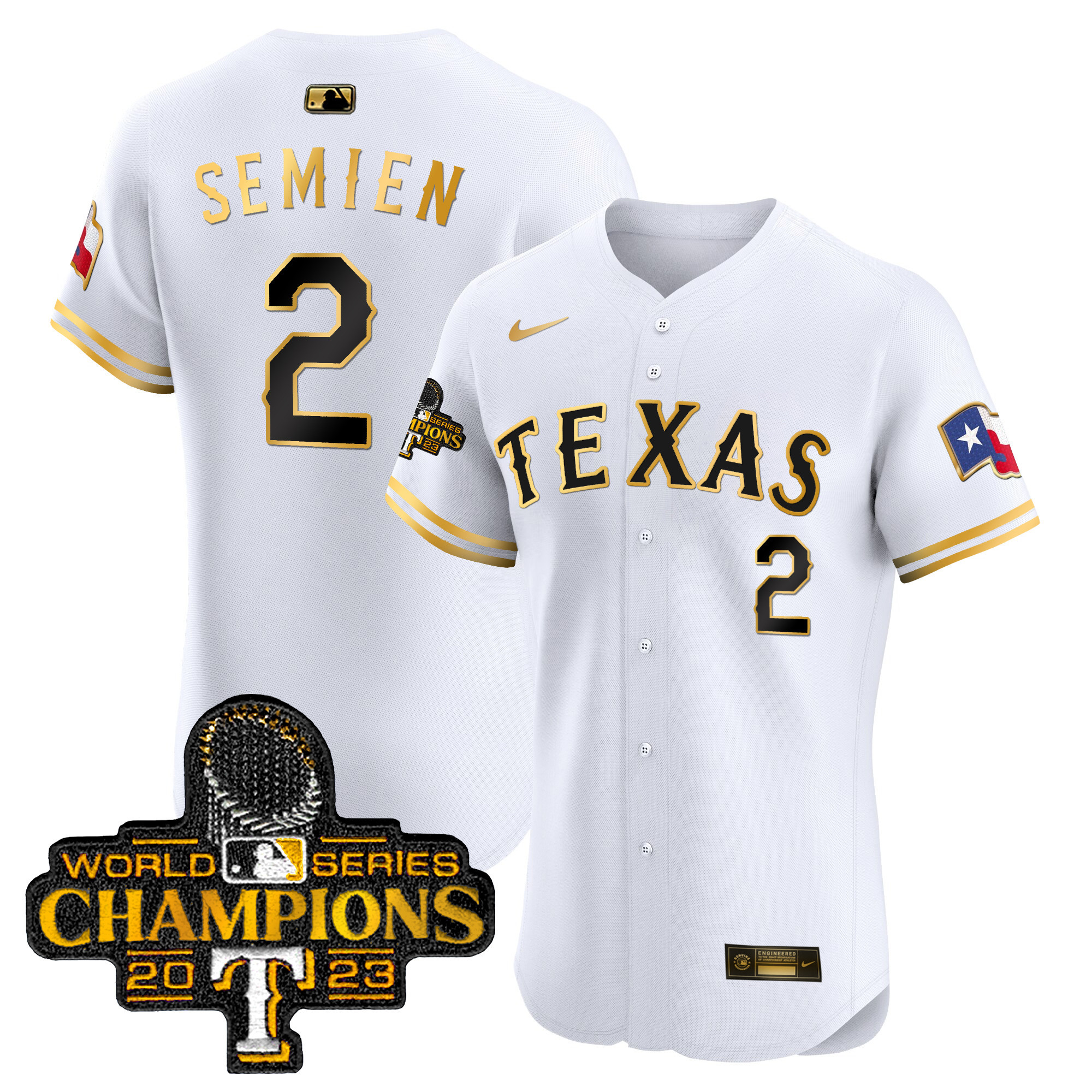 Marcus Semien Men's Texas Rangers World Series Champions Vapor Premier Elite White Gold Jersey - All Stitched