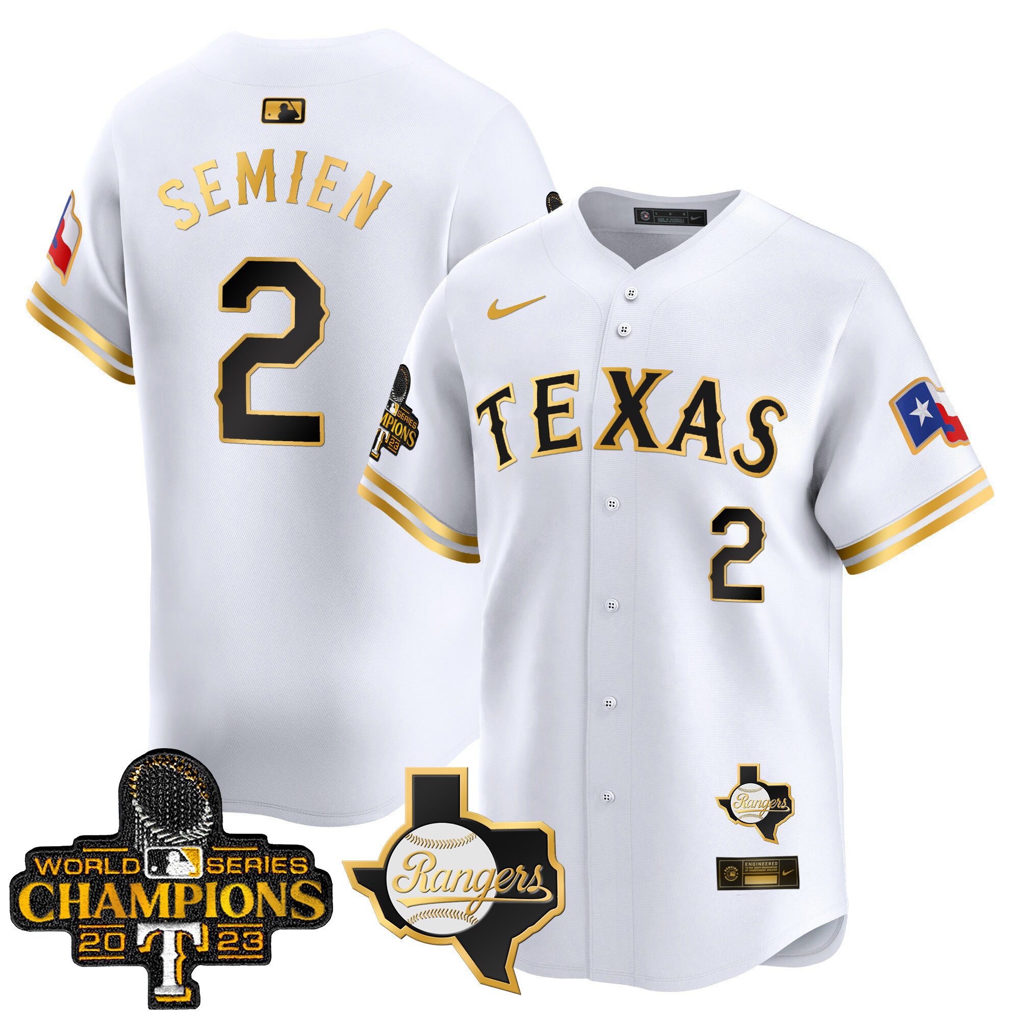 Marcus Semien Men's Texas Rangers World Series Champions Vapor Premier Limited V2 White Gold Jersey - All Stitched