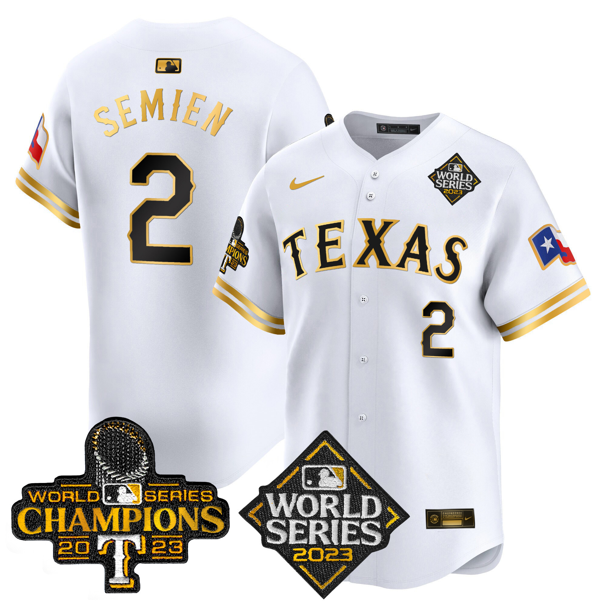 Marcus Semien Men's Texas Rangers World Series Champions Vapor Premier Limited V4 White Gold Jersey - All Stitched