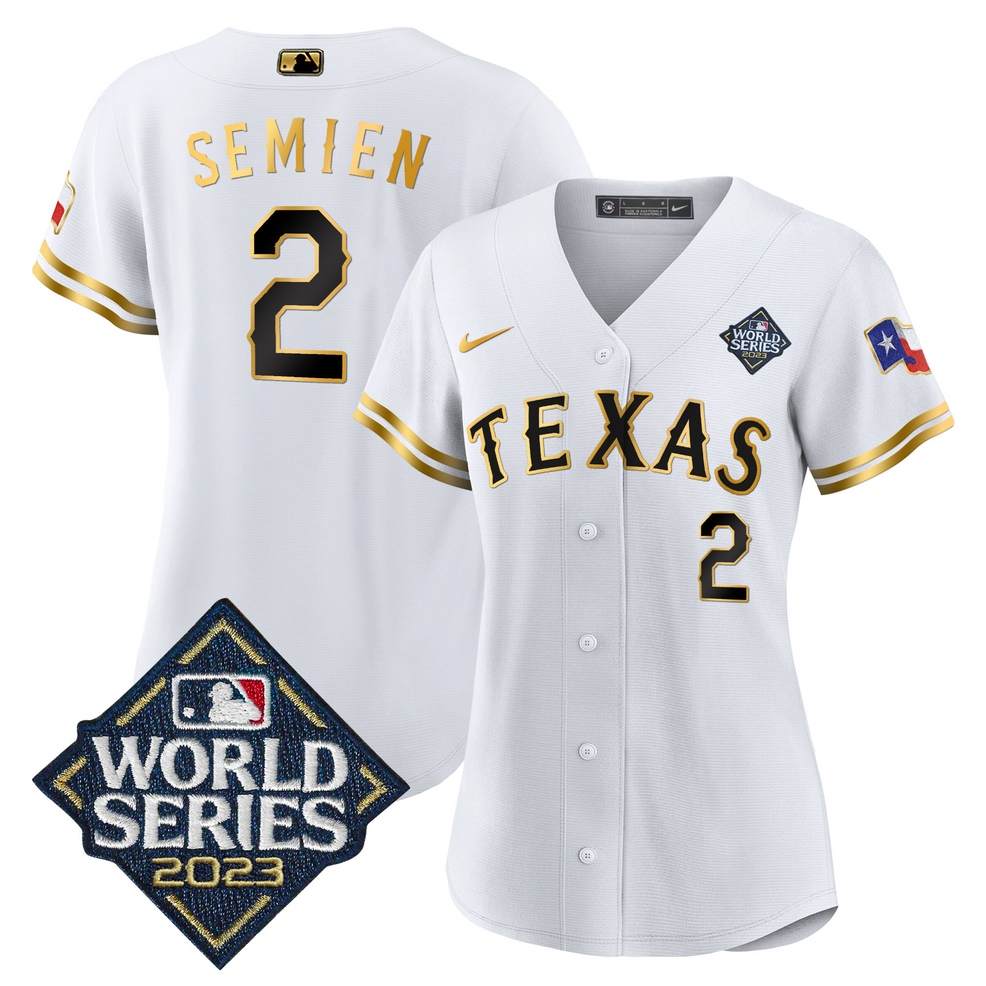 Marcus Semien Women's Texas Rangers 2023 World Series Baseball V2 White Gold Jersey - All Stitched