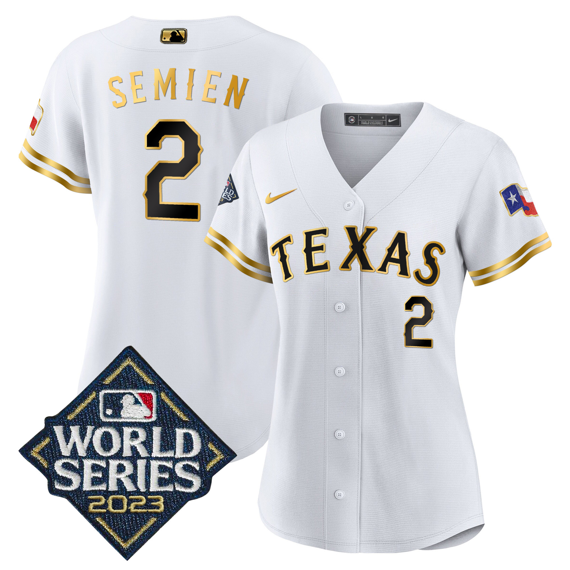 Marcus Semien Women's Texas Rangers 2023 World Series Baseball White Gold Jersey - All Stitched