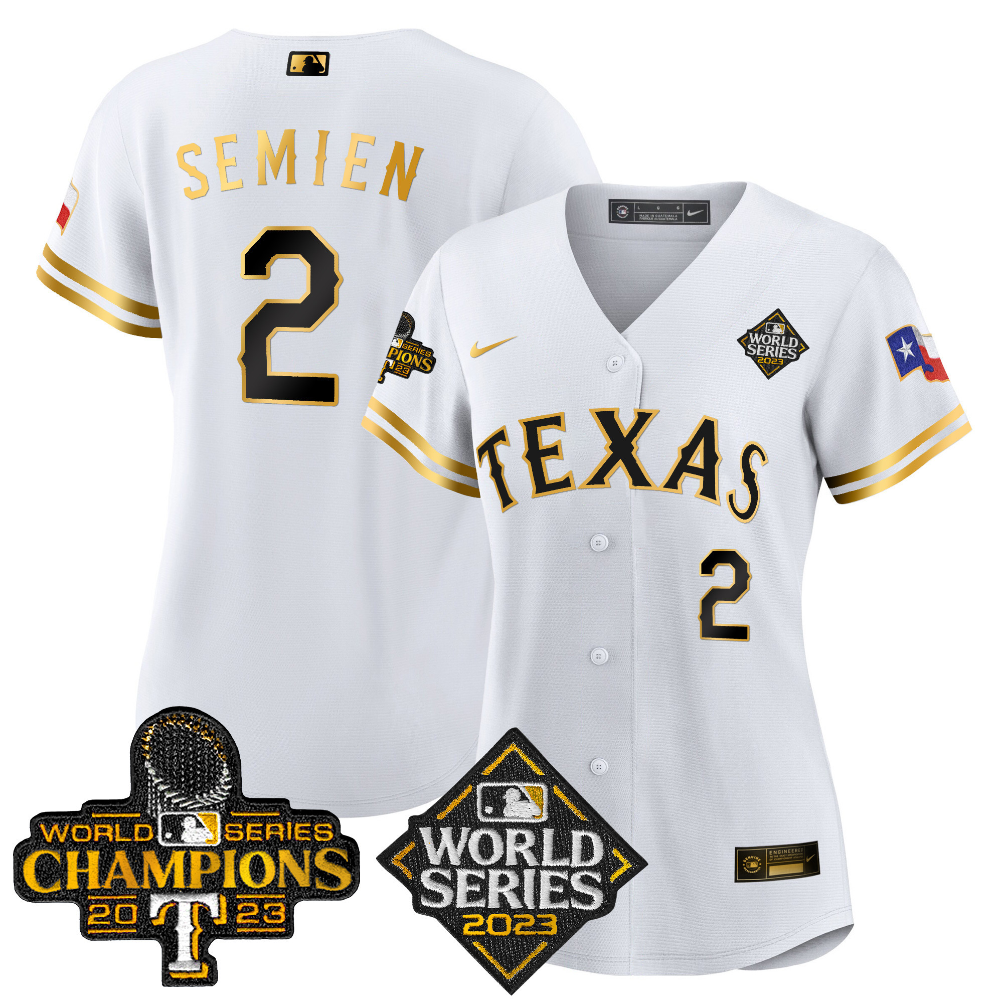Marcus Semien Women's Texas Rangers 2023 World Series Champions Baseball V4 White Gold Jersey - All Stitched