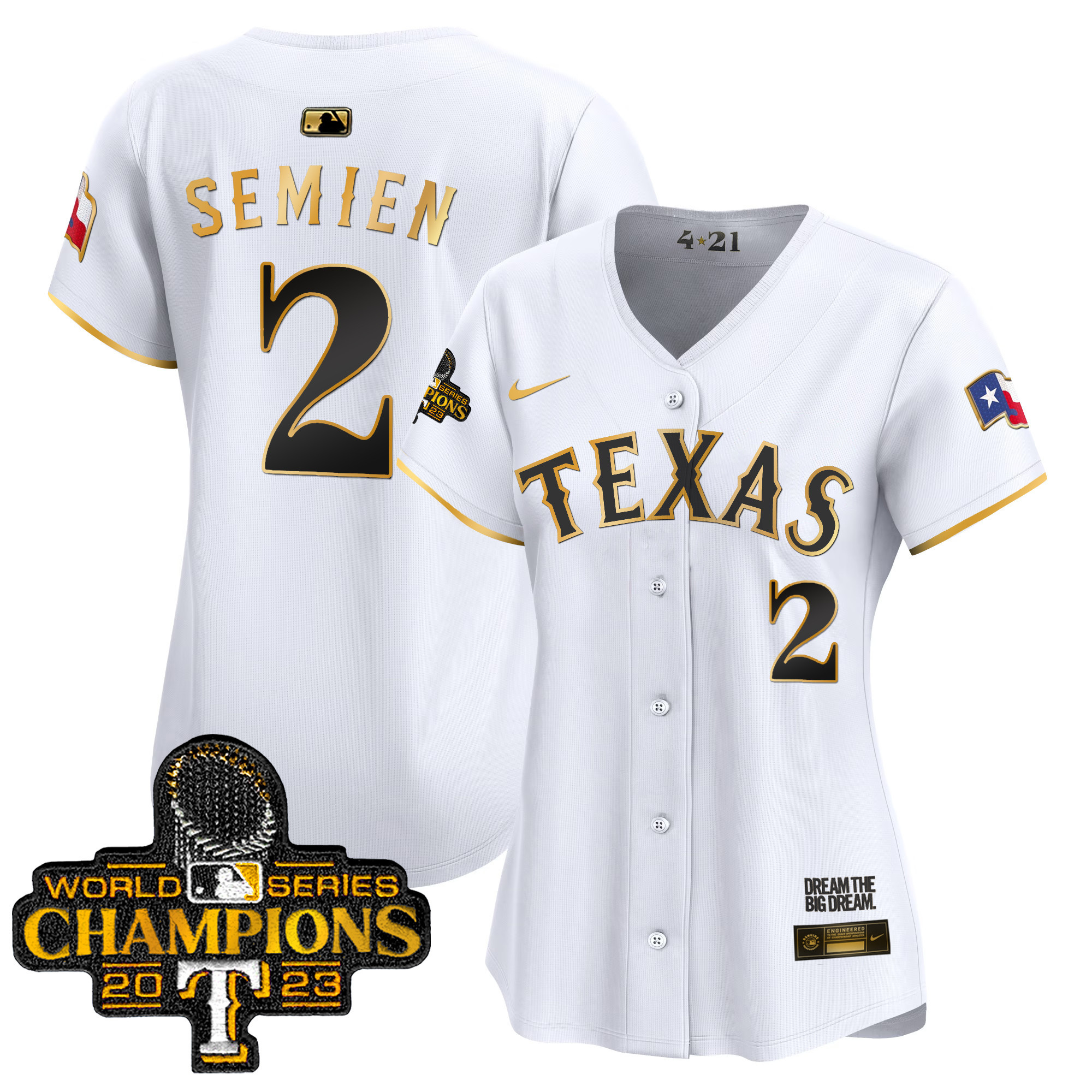 Marcus Semien Women's Texas Rangers 2023 World Series Champions City Connect Vapor Premier Limited White Gold Jersey - All Stitched