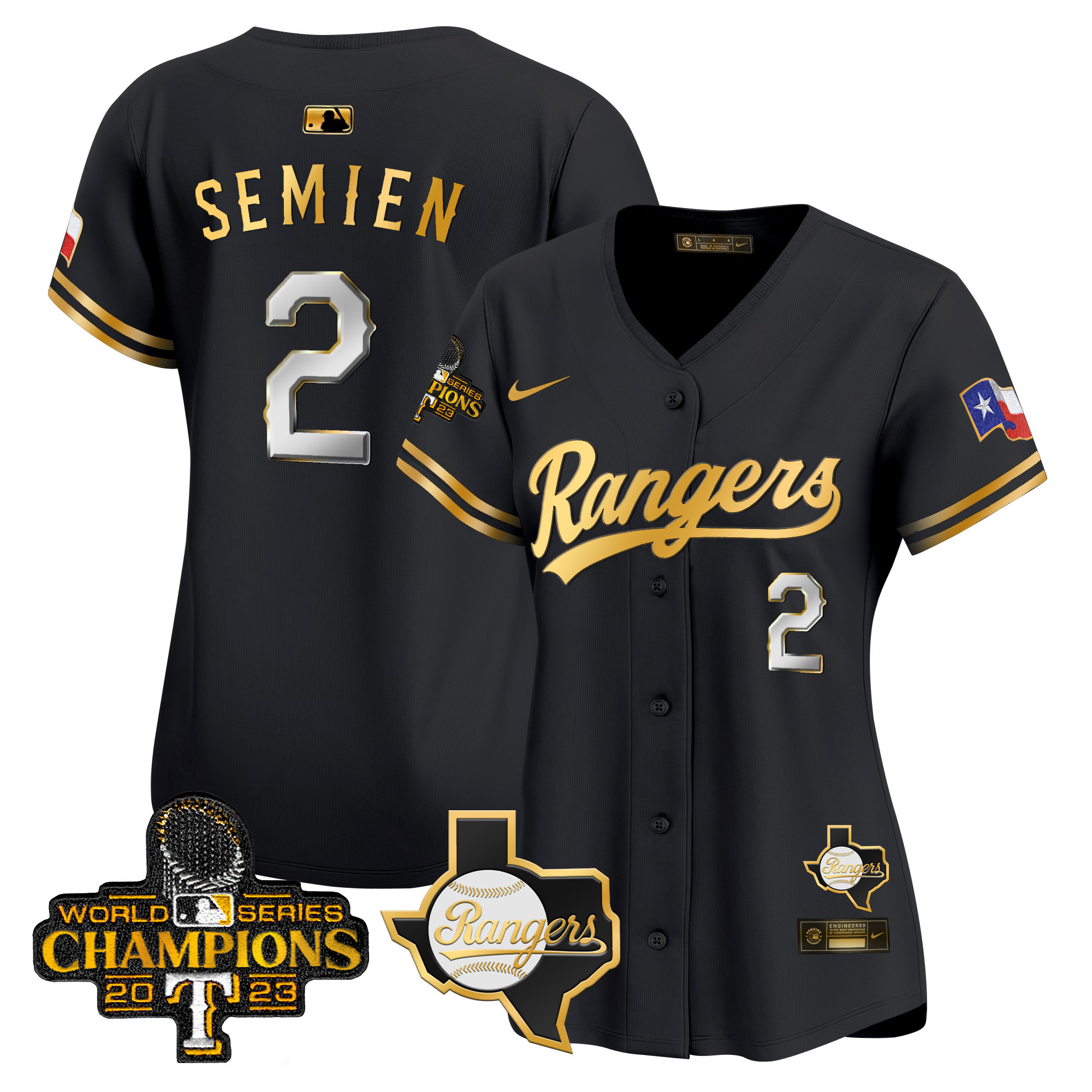 Marcus Semien Women's Texas Rangers 2023 World Series Champions Gold Trim Vapor Premier Limited V2 Black Gold Jersey - All Stitched