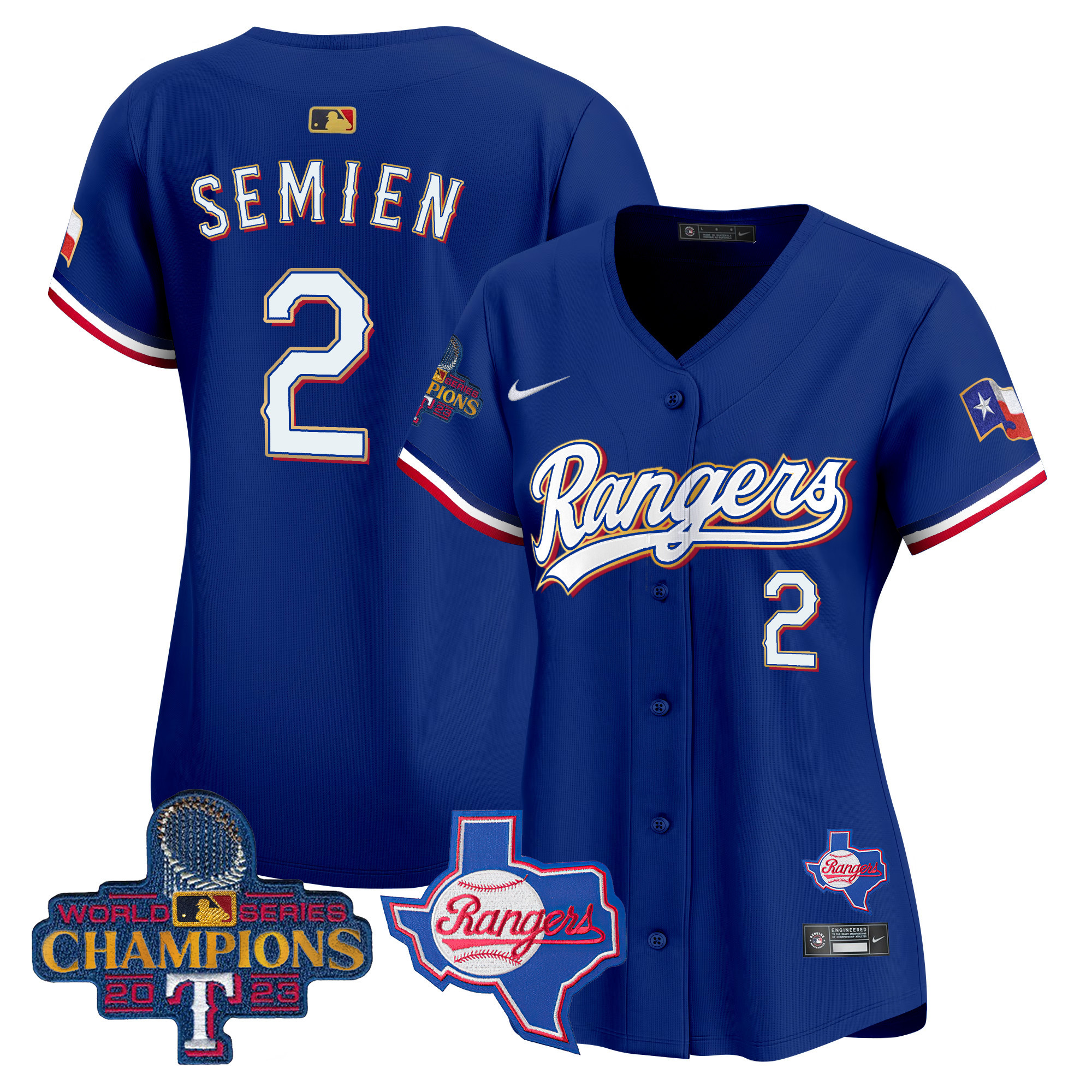 Marcus Semien Women's Texas Rangers 2023 World Series Champions Gold Trim Vapor Premier Limited V2 Royal Jersey - All Stitched