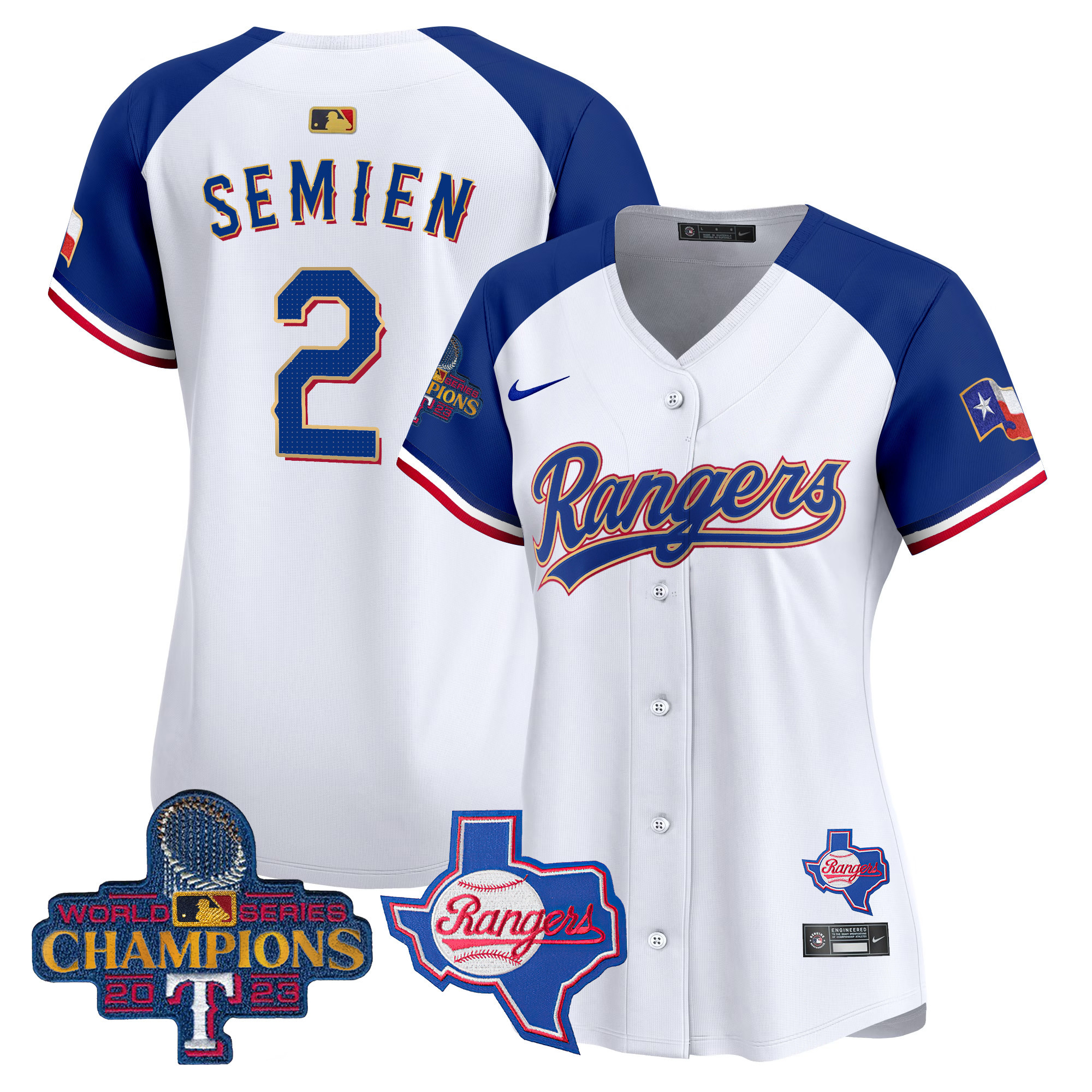 Marcus Semien Women's Texas Rangers 2023 World Series Champions Gold Trim Vapor Premier Limited V2 White Alternate Jersey - All Stitched