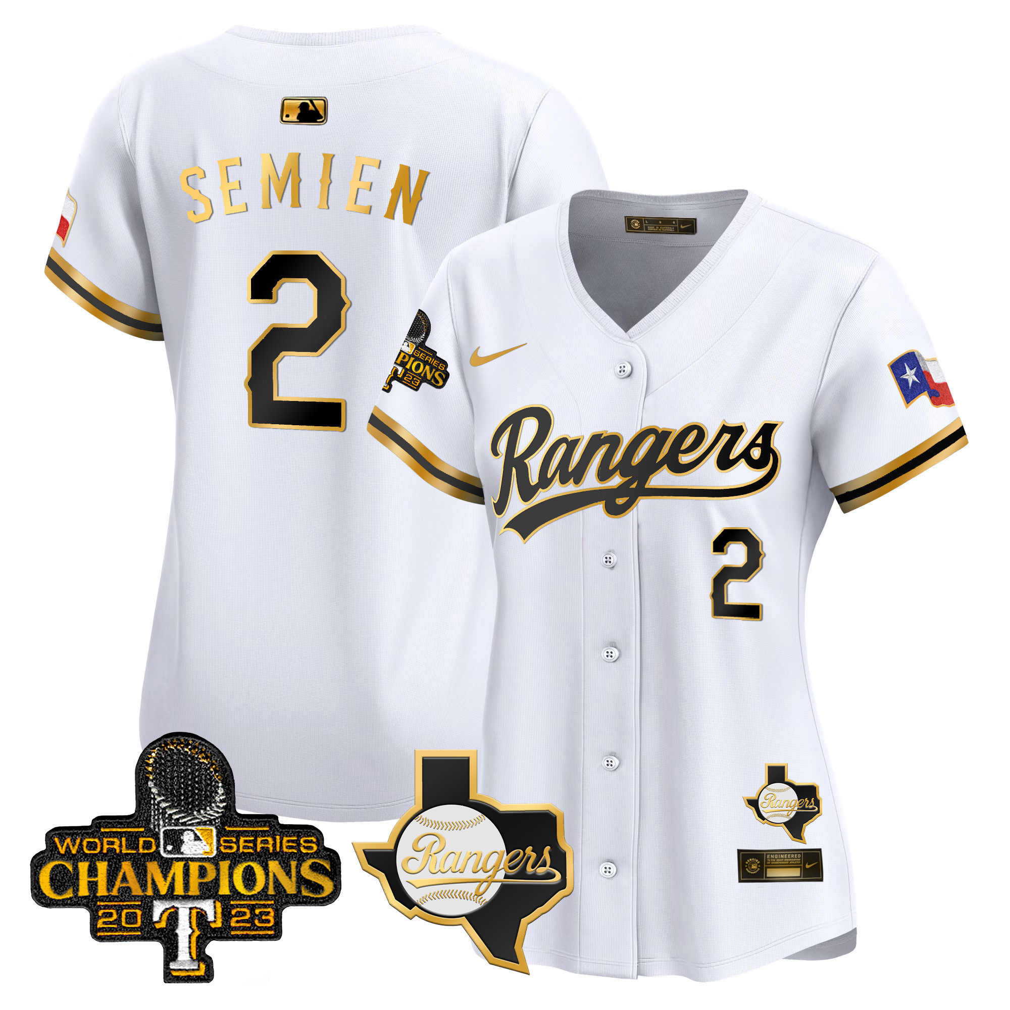 Marcus Semien Women's Texas Rangers 2023 World Series Champions Gold Trim Vapor Premier Limited V2 White Gold Jersey - All Stitched