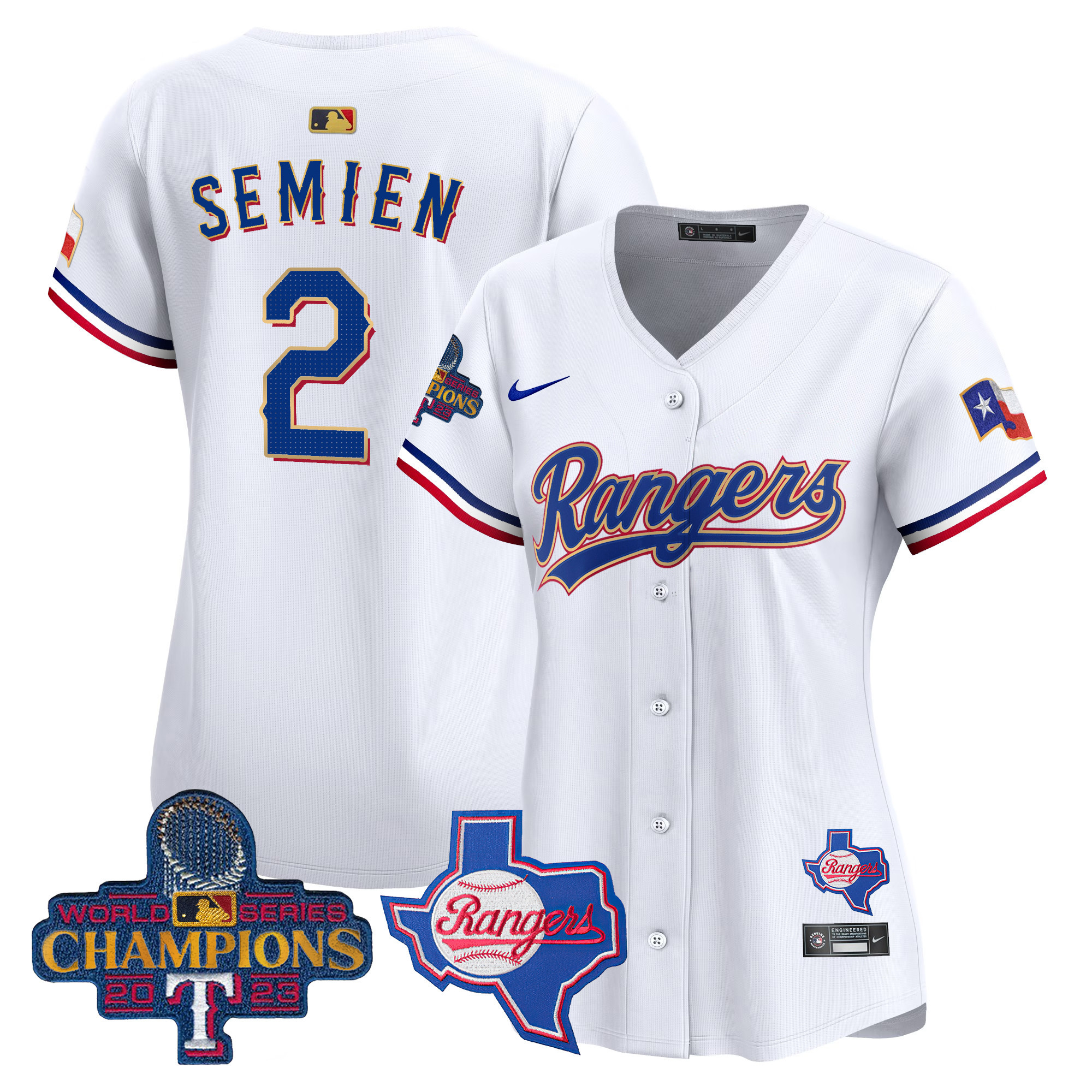 Marcus Semien Women's Texas Rangers 2023 World Series Champions Gold Trim Vapor Premier Limited V2 White Jersey - All Stitched