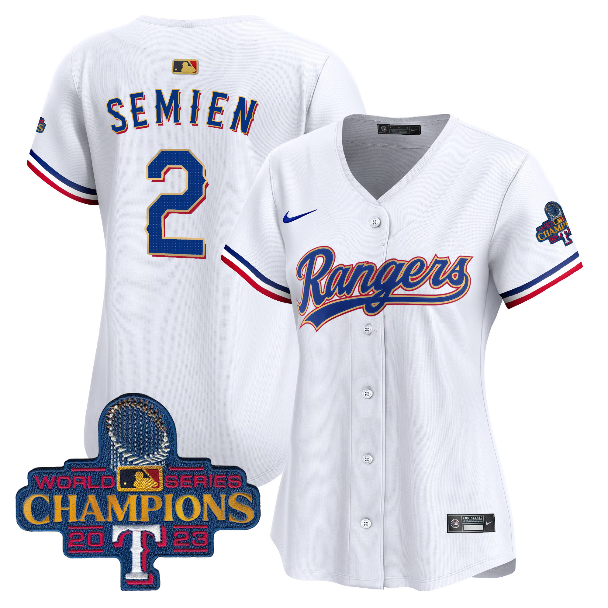 Marcus Semien Women's Texas Rangers 2023 World Series Champions Gold Trim Vapor Premier Limited White Jersey - All Stitched