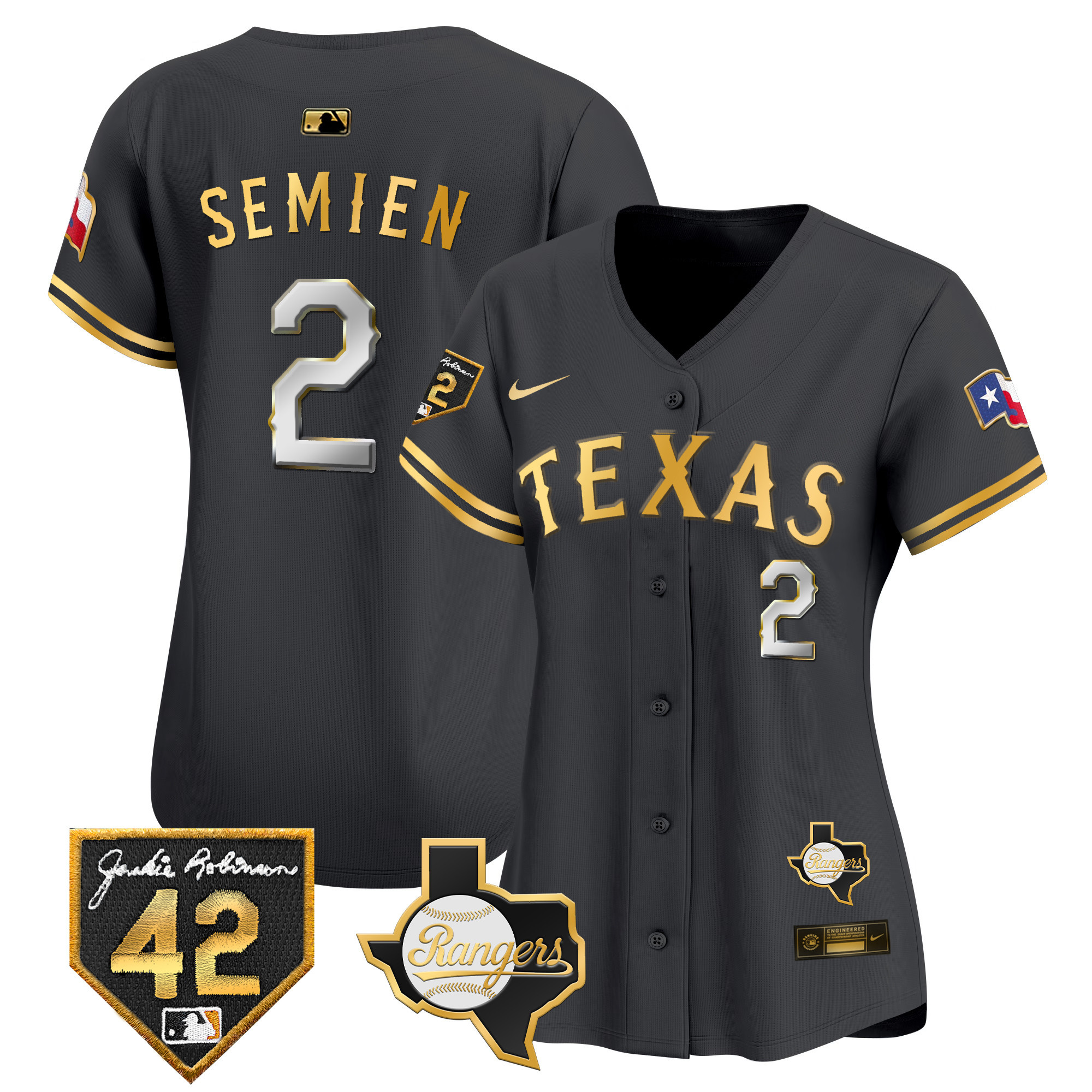 Marcus Semien Women's Texas Rangers 2024 Jackie Robinson Patch Vapor Premier Limited Black Gold Jersey - All Stitched