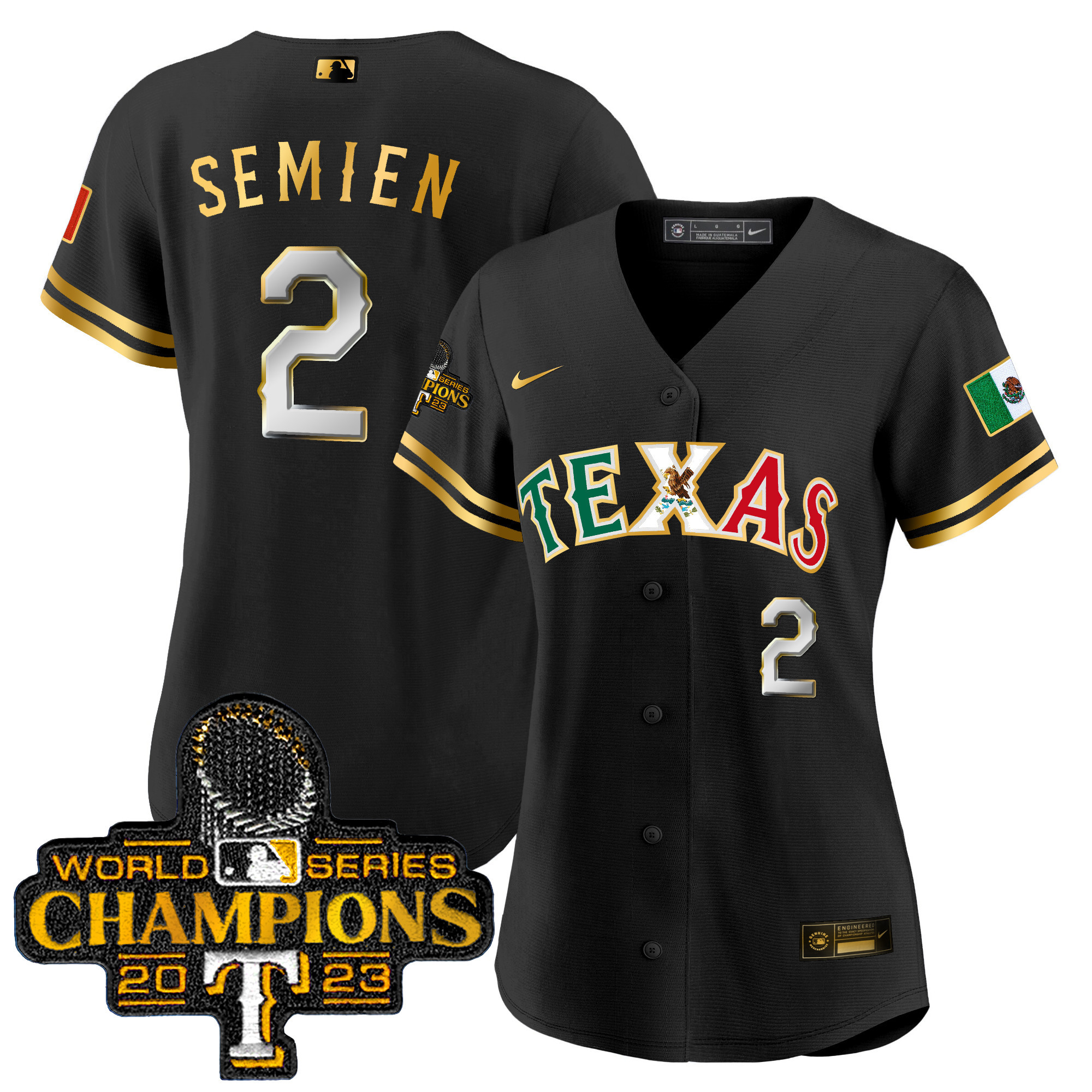 Marcus Semien Women's Texas Rangers Mexico 2023 World Series Champions Baseball Black Gold Jersey - All Stitched