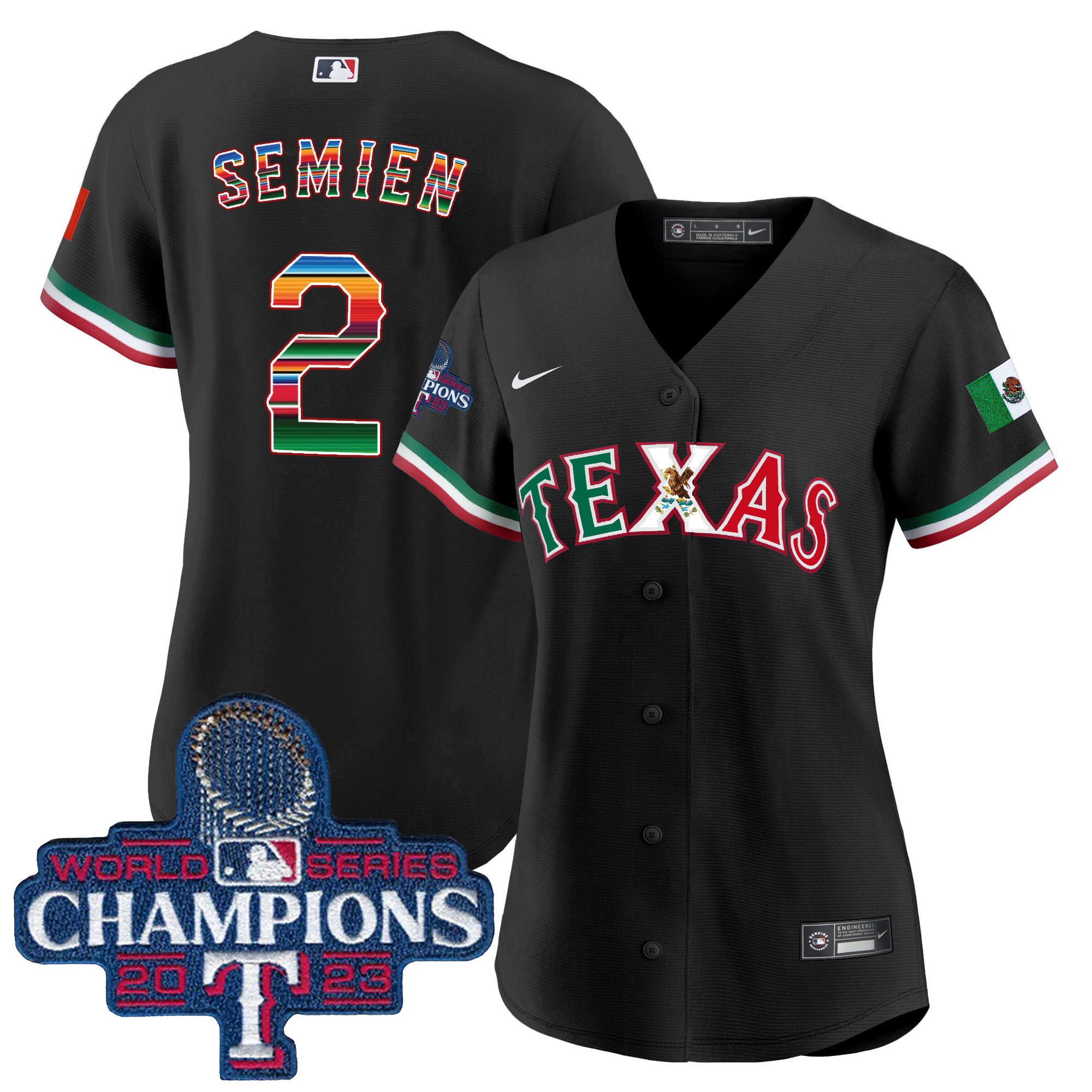 Marcus Semien Women's Texas Rangers Mexico 2023 World Series Champions Baseball V2 Black Jersey - All Stitched