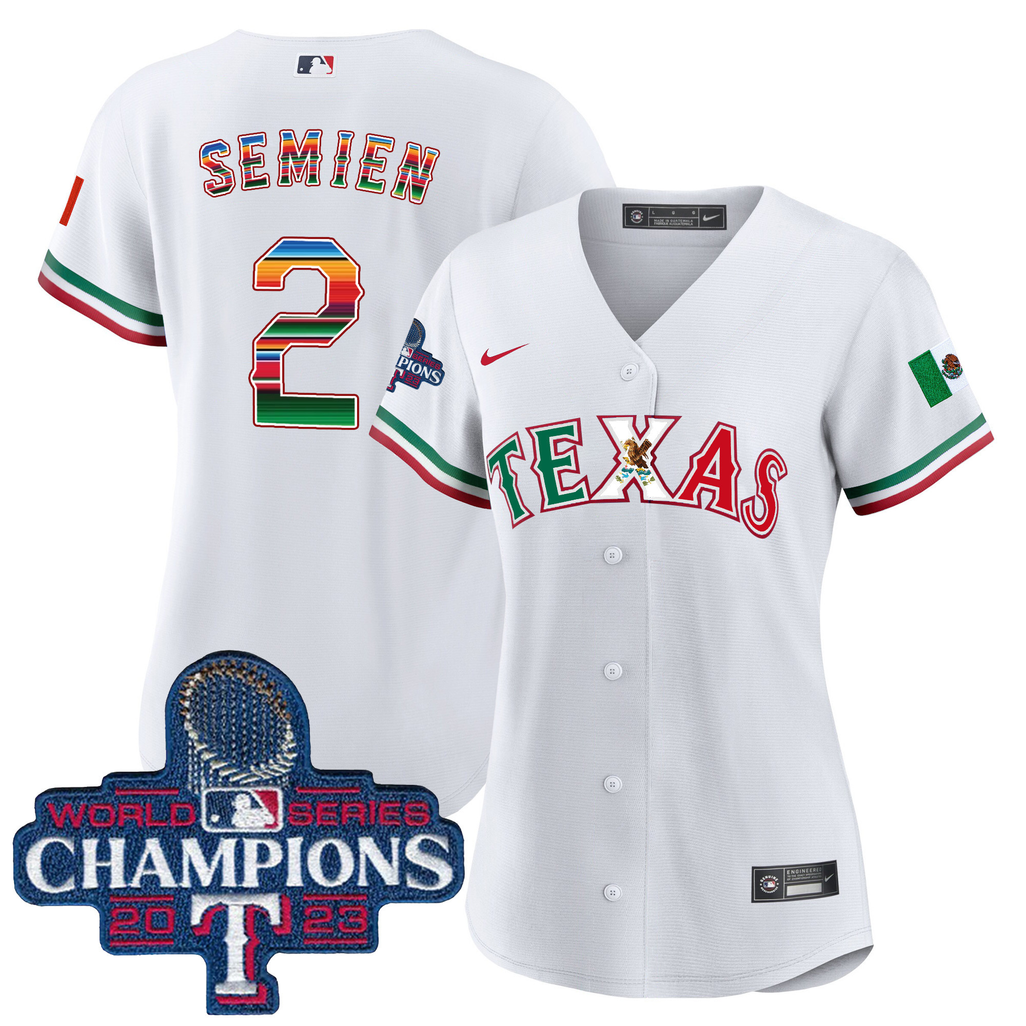 Marcus Semien Women's Texas Rangers Mexico 2023 World Series Champions Baseball V2 White Jersey - All Stitched