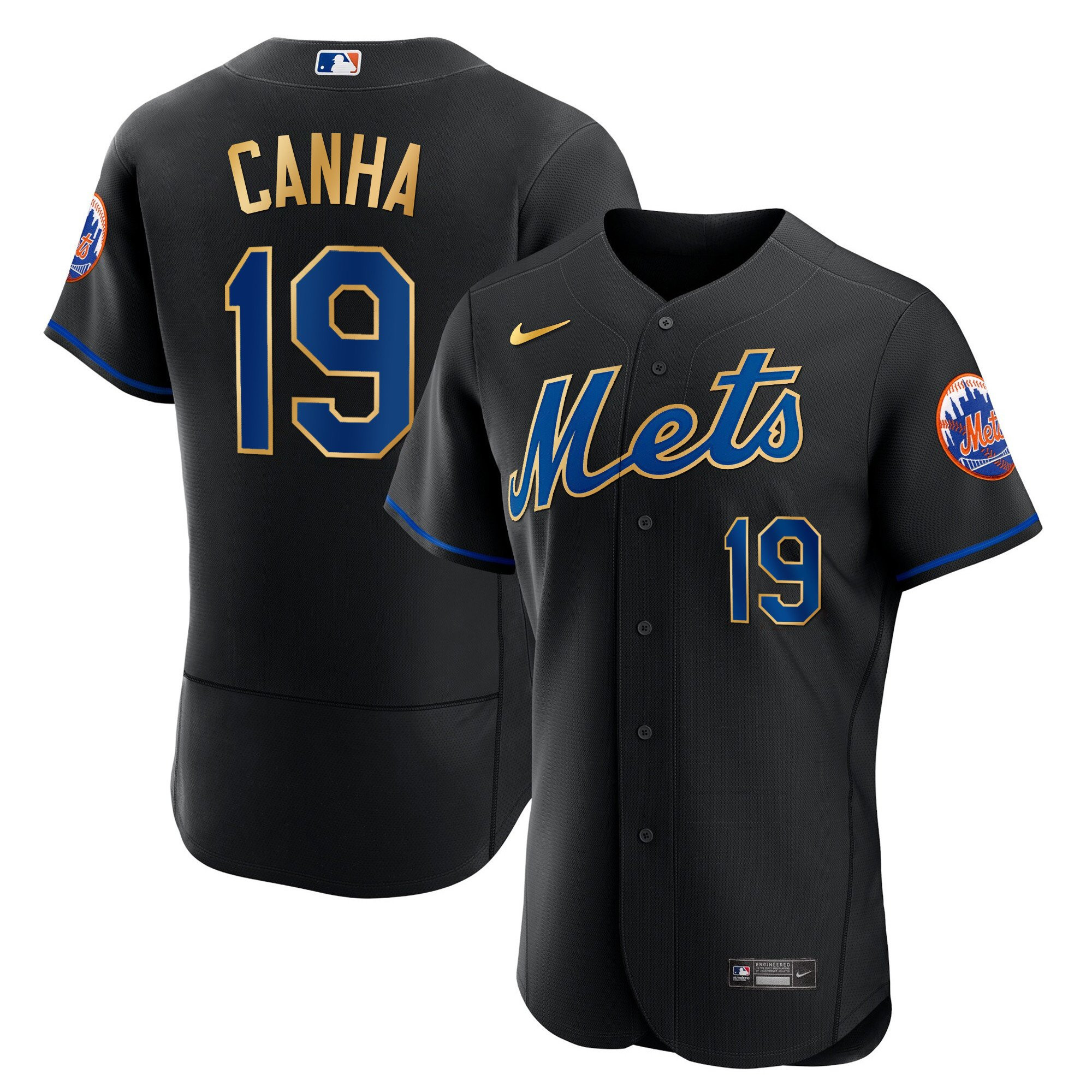 Mark Canha Men's New York Mets Gold Trim Flex Black Jersey - All Stitched