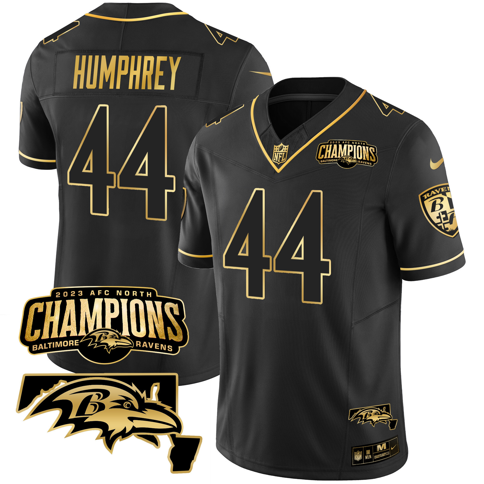 Marlon Humphrey Men's Baltimore Ravens 2023 Afc North Champions Maryland Patch Gold Vapor Black Gold Jersey All Stitched