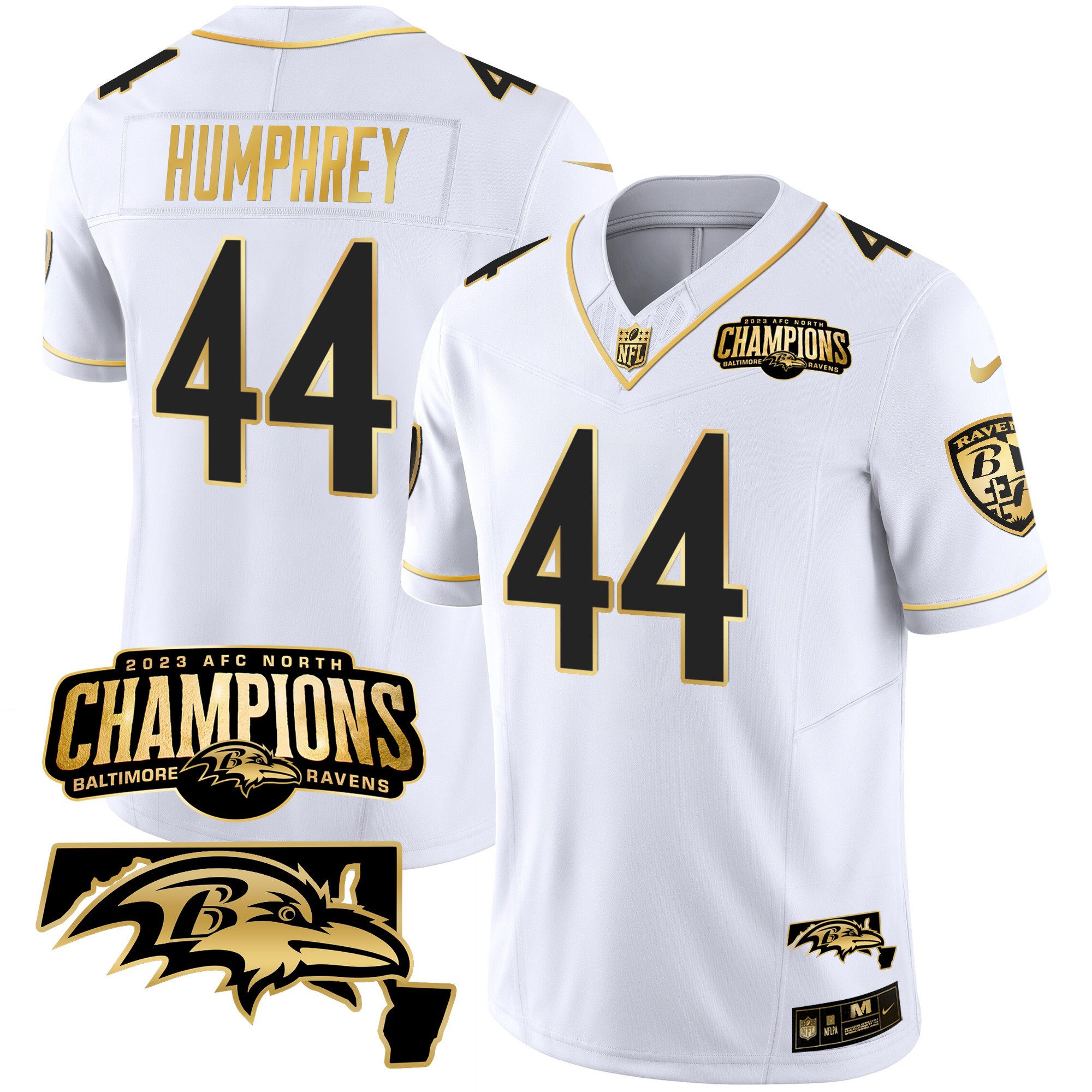 Marlon Humphrey Men's Baltimore Ravens 2023 Afc North Champions Maryland Patch Gold Vapor White Gold Jersey All Stitched
