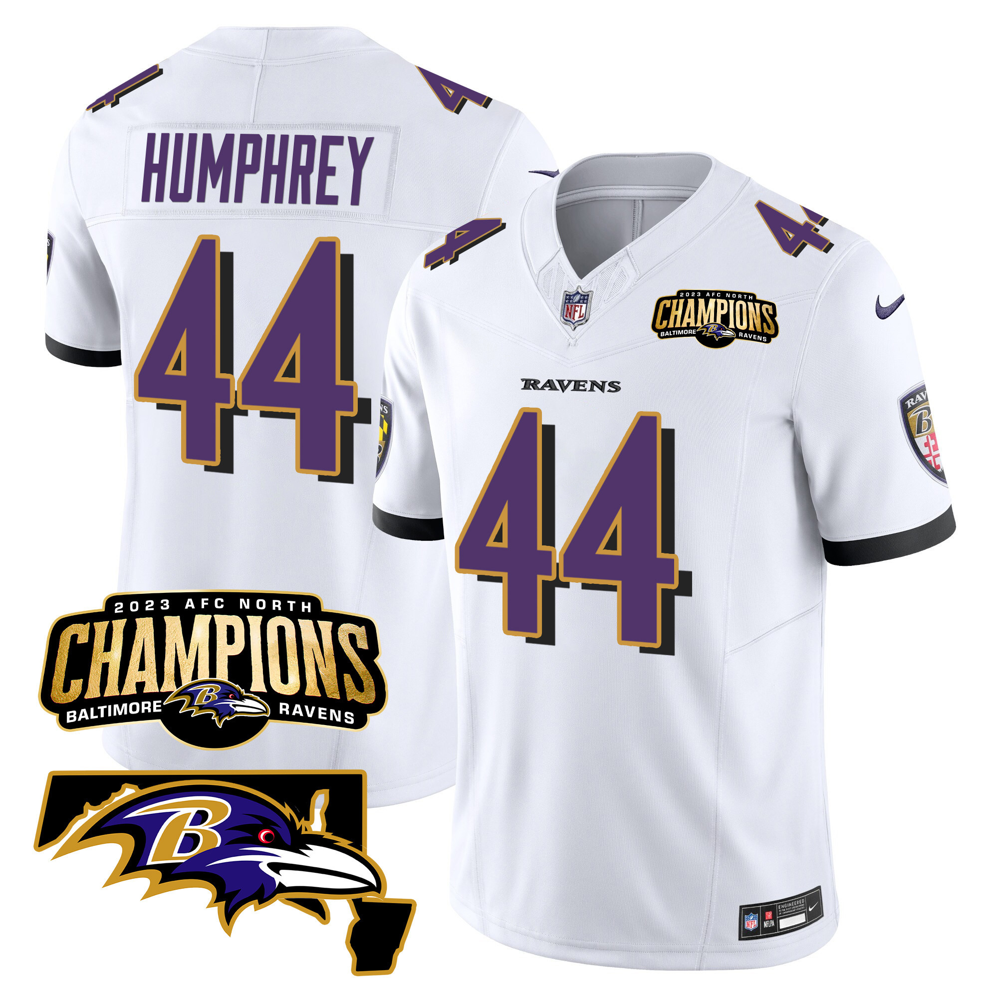 Marlon Humphrey Men's Baltimore Ravens 2023 Afc North Champions Maryland Patch Vapor White Jersey All Stitched