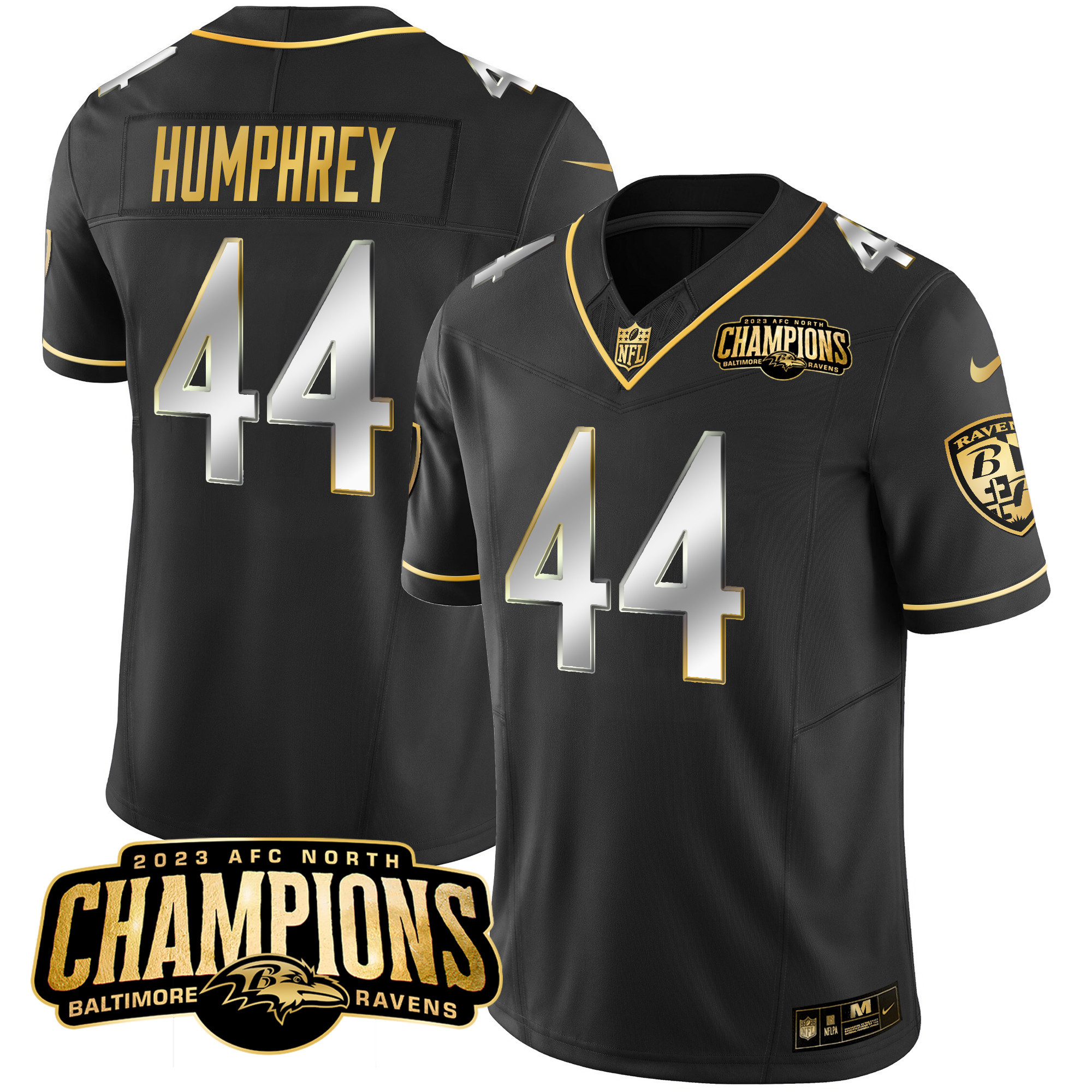 Marlon Humphrey Men's Baltimore Ravens 2023 Afc North Champions Patch Gold Vapor Black Limited Jersey All Stitched