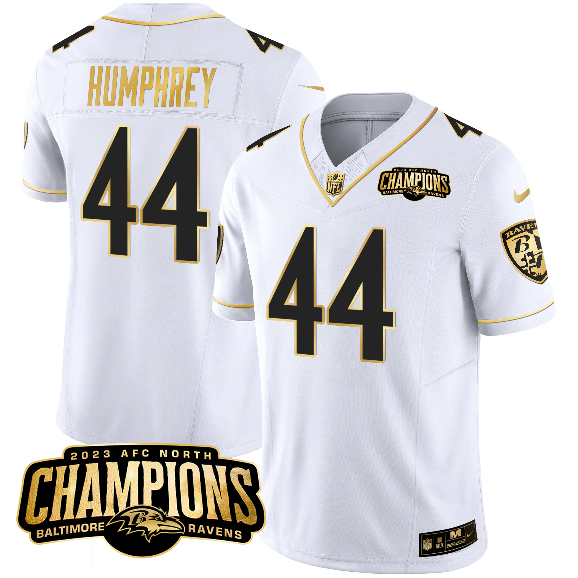 Marlon Humphrey Men's Baltimore Ravens 2023 Afc North Champions Patch Gold Vapor White Gold Jersey All Stitched