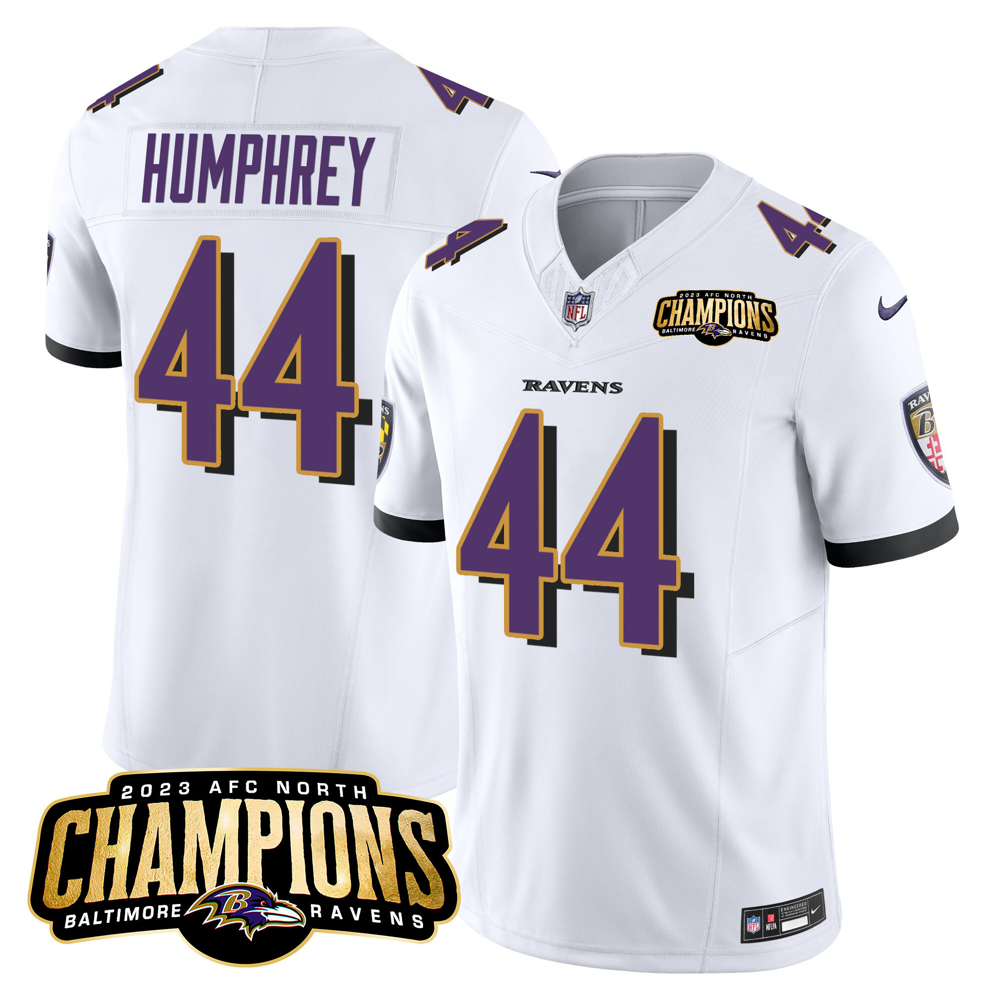 Marlon Humphrey Men's Baltimore Ravens 2023 Afc North Champions Patch Vapor Limited White Jersey All Stitched