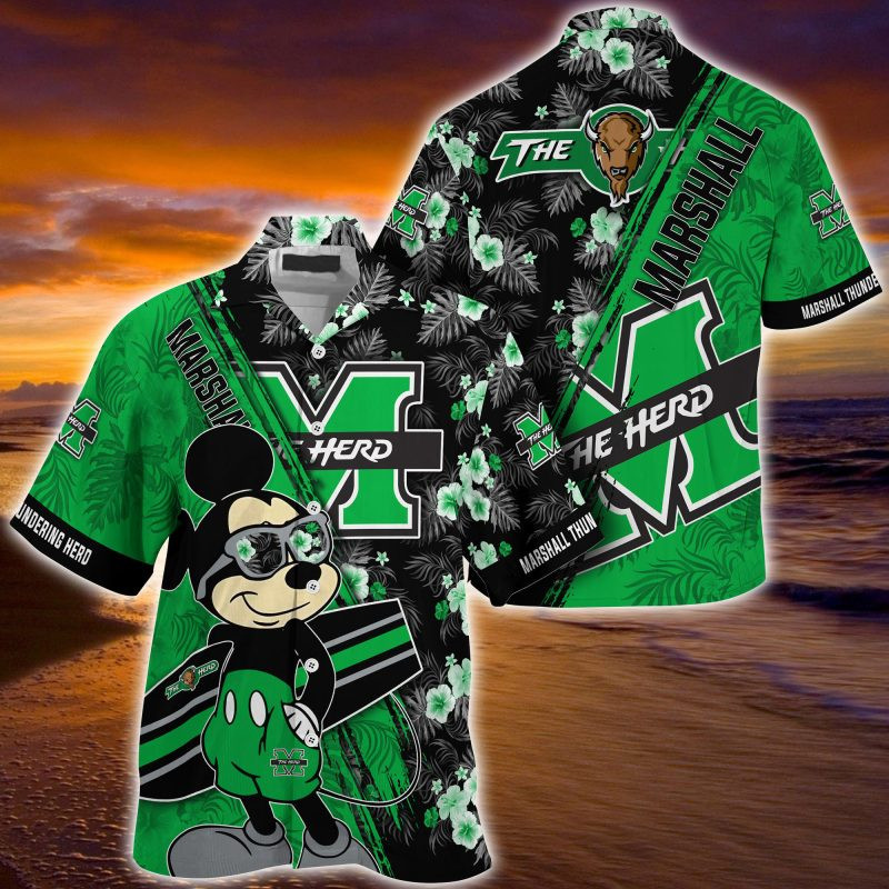 Marshall Thundering Herd NCAA Summer Hawaiian Shirt Mickey And Floral Pattern