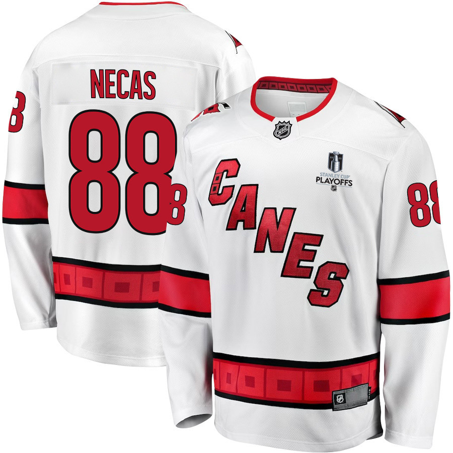 Martin Necas 88 Carolina Hurricanes Stanley Cup 2023 Playoffs Patch Away Breakaway Men Stitched Jersey – White