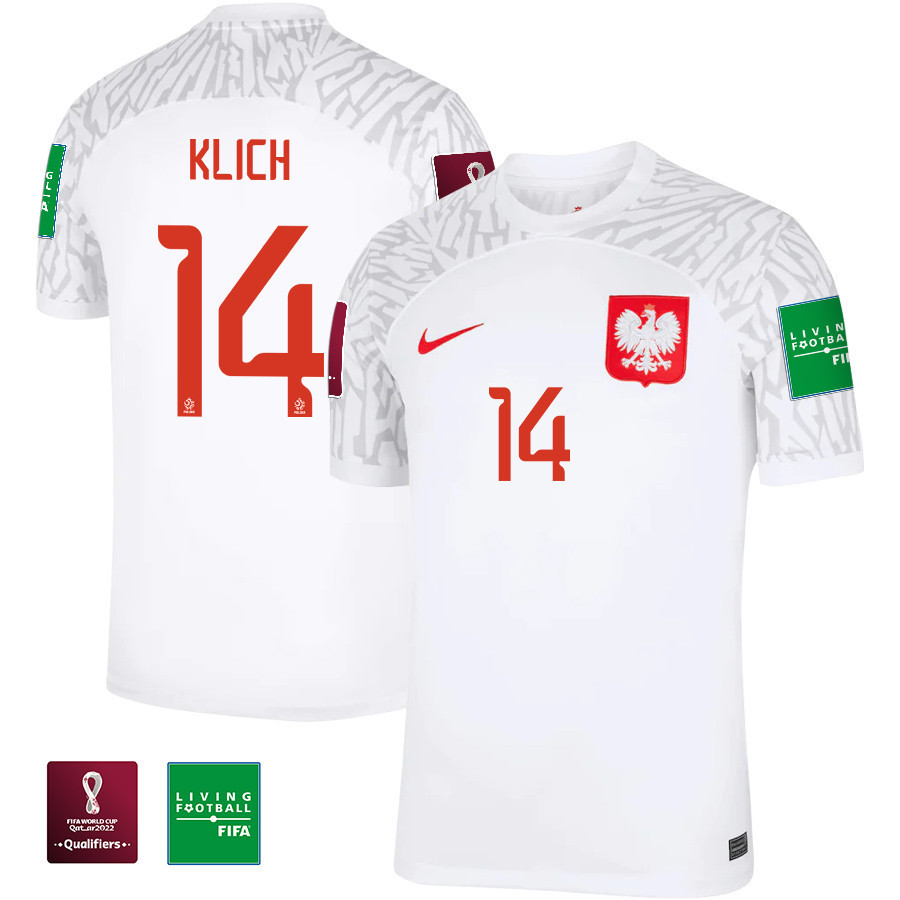 Mateusz Klich 14 – Poland National Team FIFA World Cup Qatar 2022 Patch Home Soccer Jersey, Men