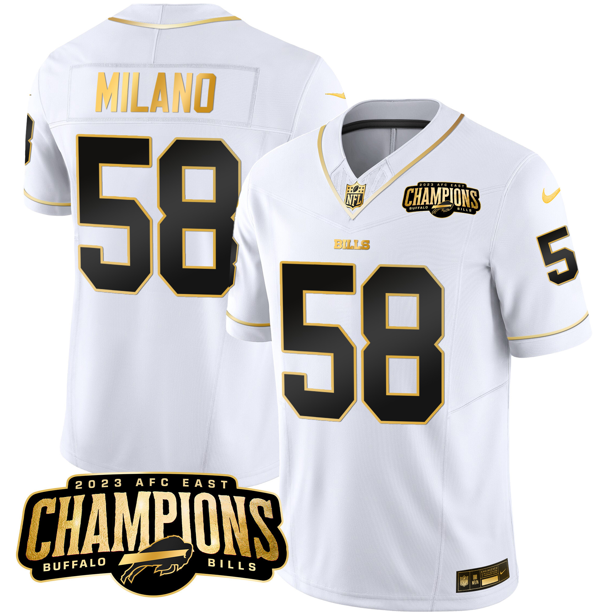 Matt Milano Men's Buffalo Bills 2023 AFC East Champions Patch Gold Vapor White Gold Jersey - All Stitched 