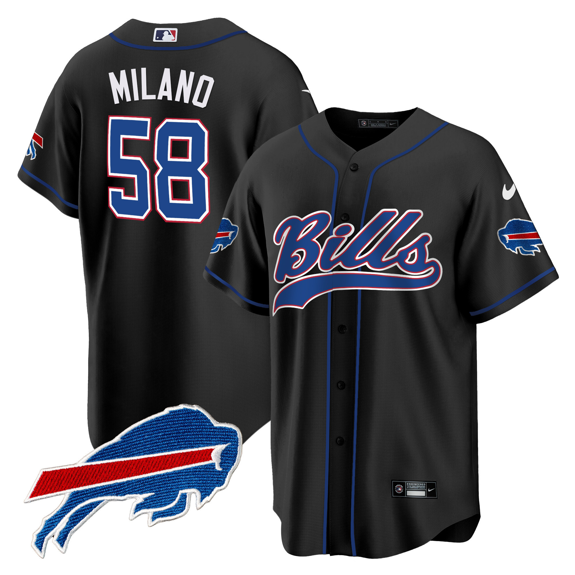 Matt Milano Men's Buffalo Bills Baseball Black Jersey - All Stitched 