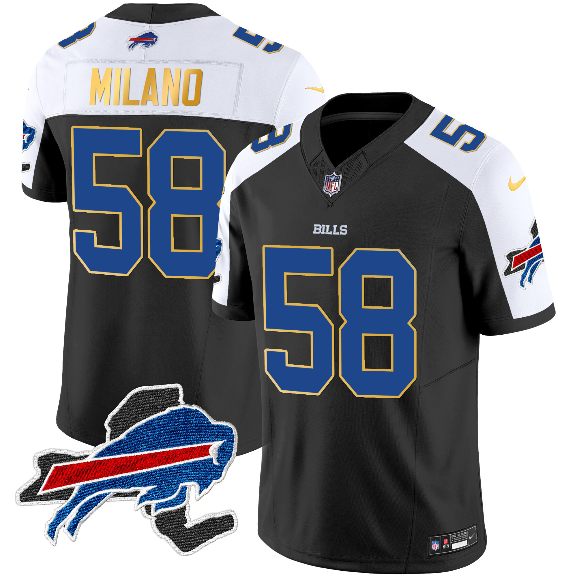 Matt Milano Men's Buffalo Bills New York Patch Gold Trim Vapor Black Alternate Jersey - All Stitched 
