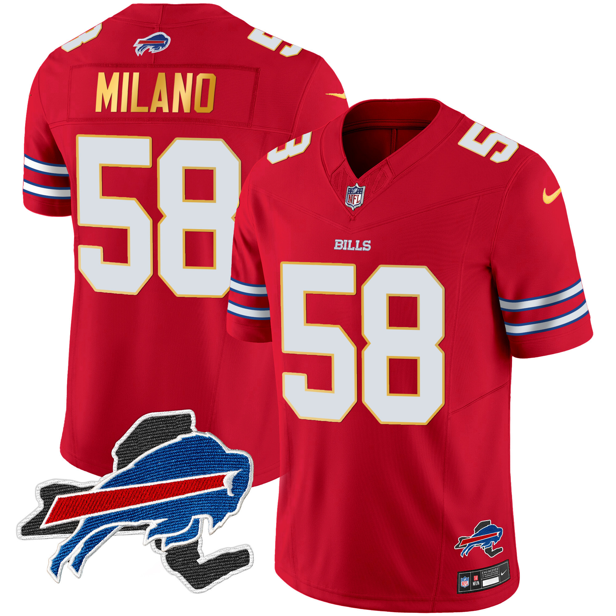Matt Milano Men's Buffalo Bills New York Patch Gold Trim Vapor Red Jersey - All Stitched 