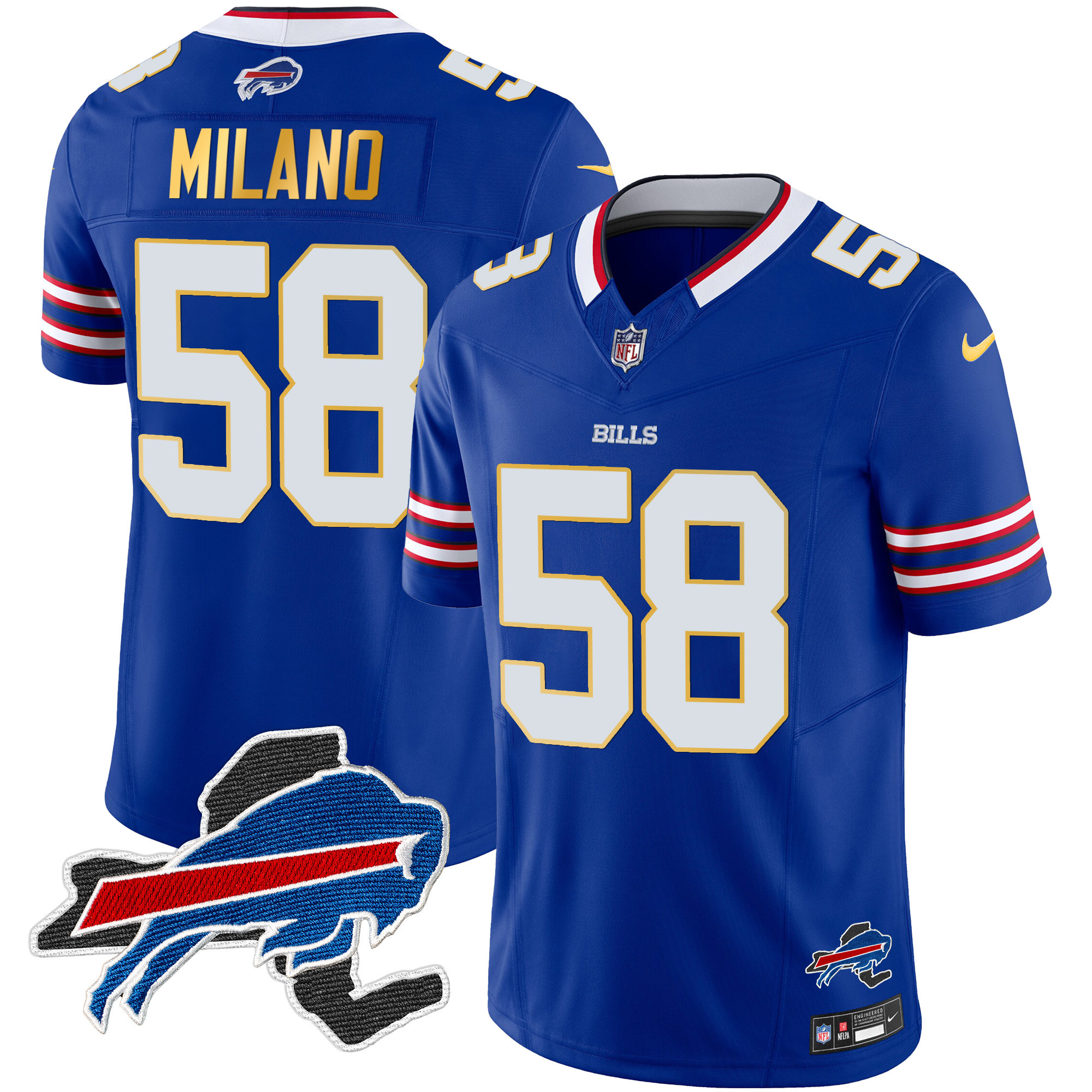 Matt Milano Men's Buffalo Bills New York Patch Gold Trim Vapor Royal Jersey - All Stitched 