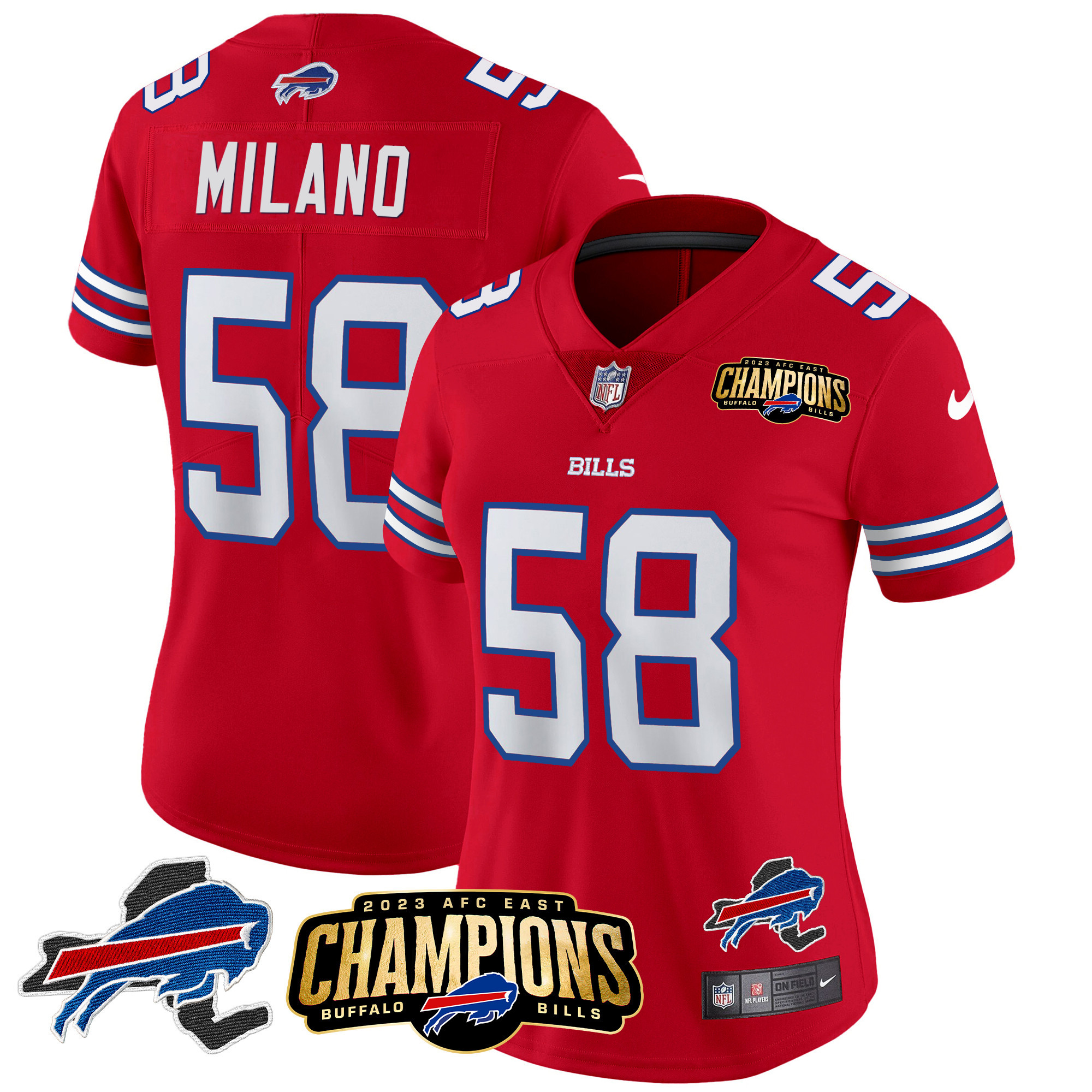 Matt Milano Women's Buffalo Bills 2023 AFC East Champions Patch Gold Vapor Red Jersey - All Stitched 