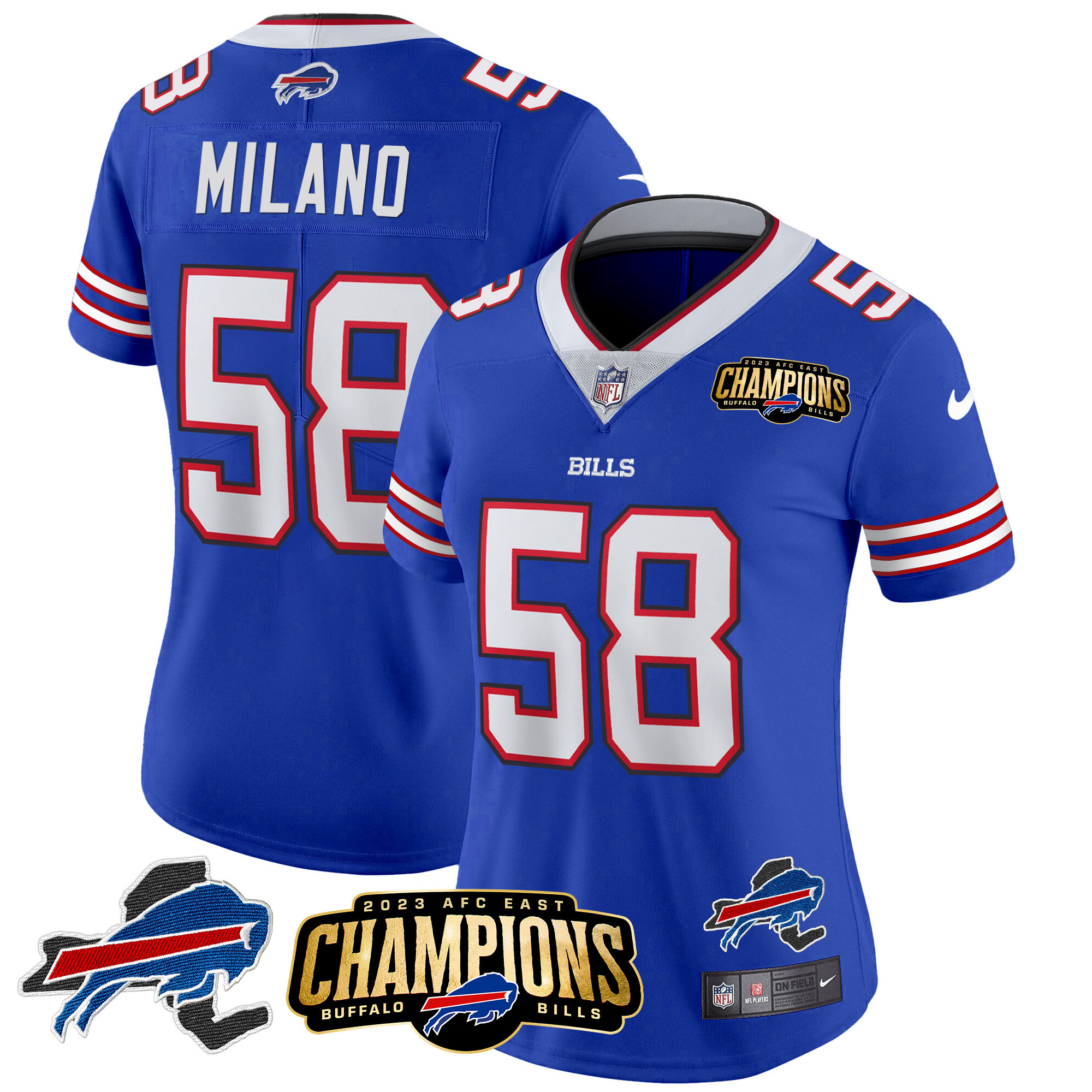 Matt Milano Women's Buffalo Bills 2023 AFC East Champions Patch Gold Vapor Royal Jersey - All Stitched 