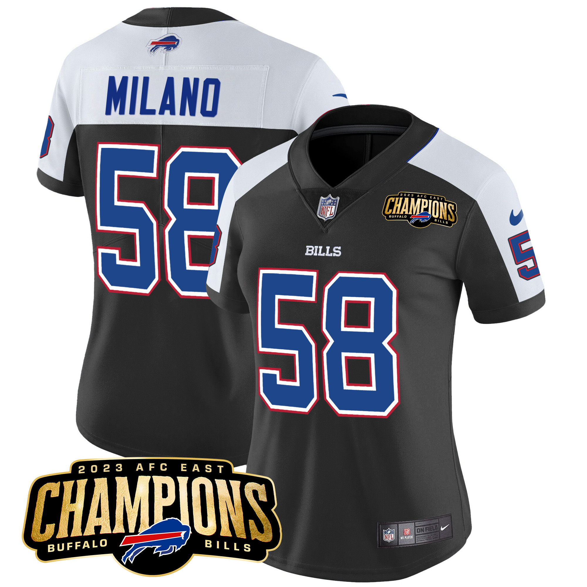 Matt Milano Women's Buffalo Bills 2023 AFC East Champions Patch Vapor Black Alternate Jersey - All Stitched 