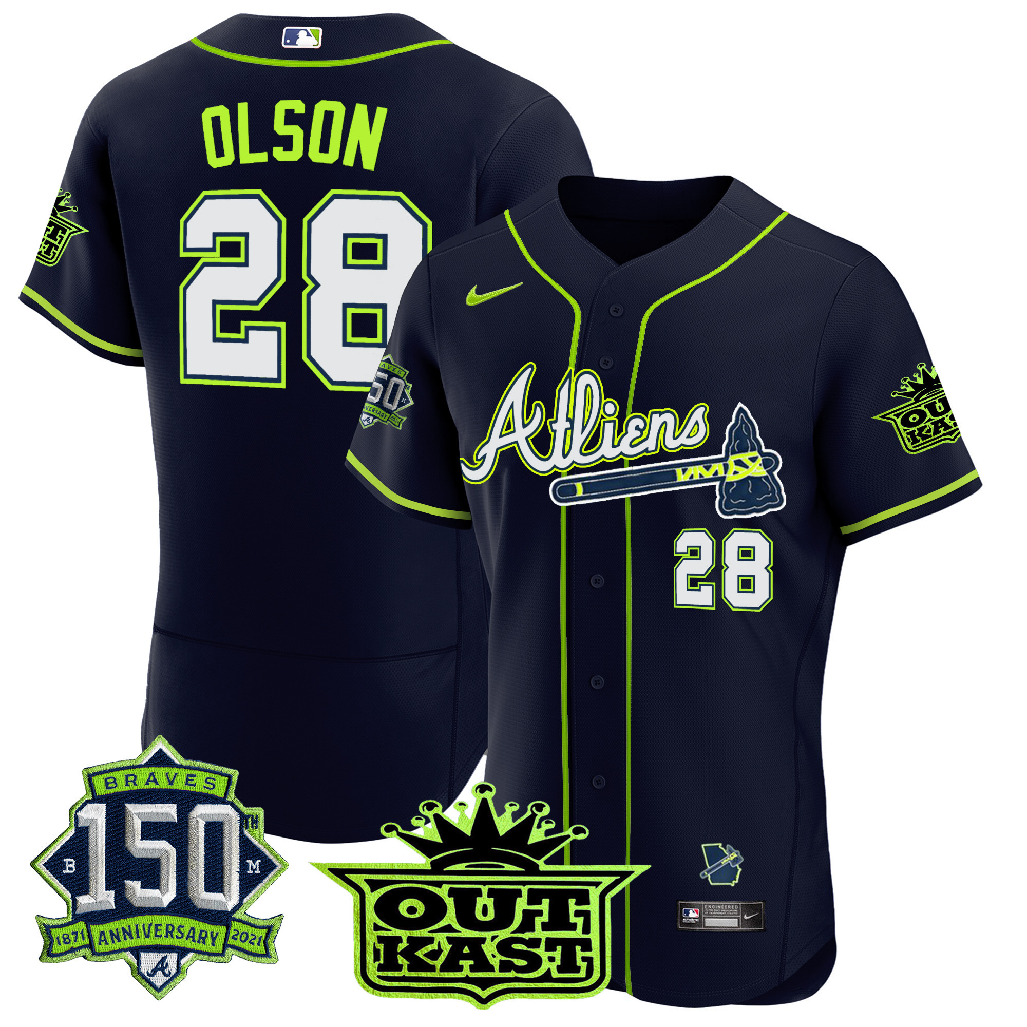 Matt Olson Men's Atlanta Braves Atliens 150th Anniversary Patch Flex Base Jersey - All Stitched