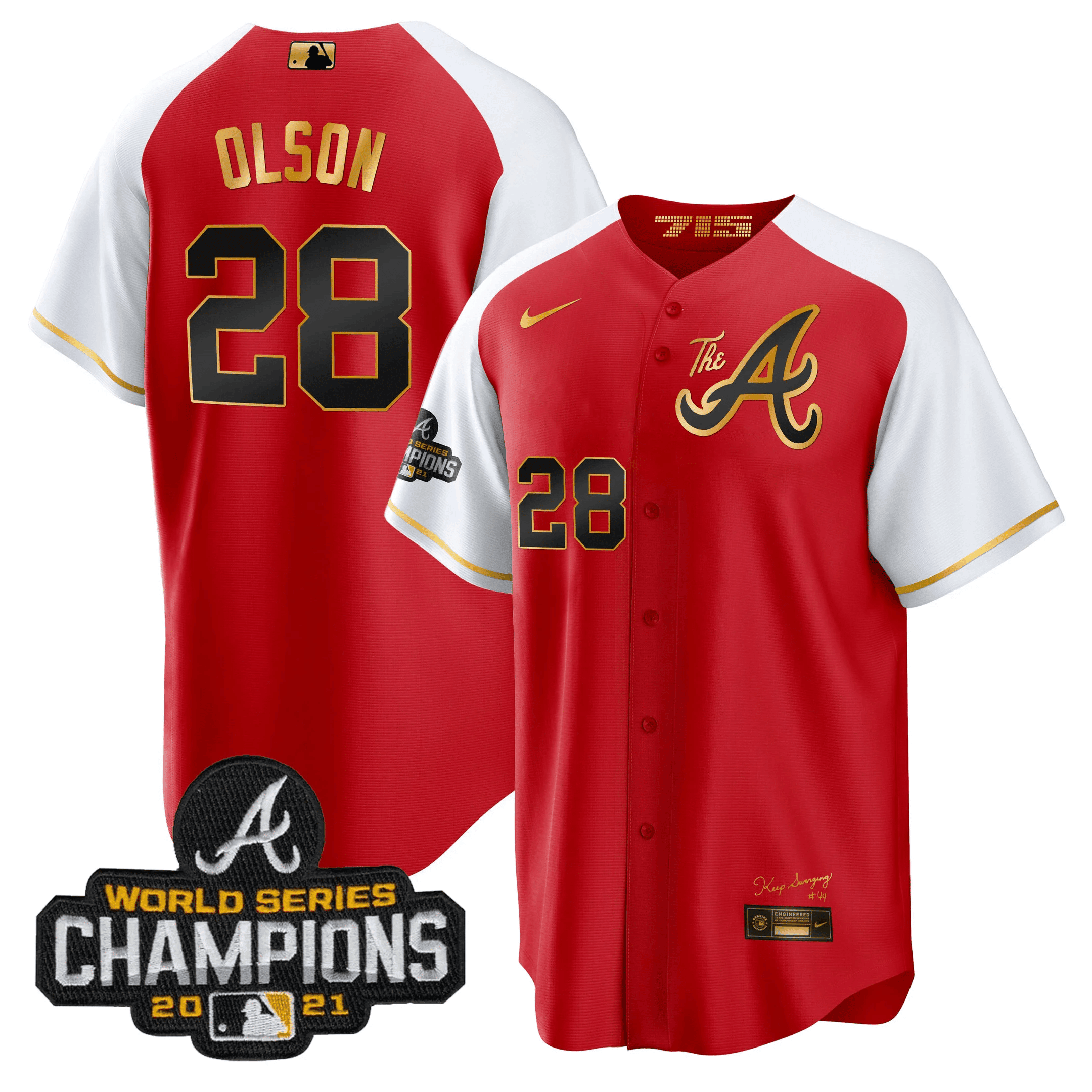Matt Olson Men's Atlanta Braves Champions Alternate Gold Cool Base Red Jersey - All Stitched