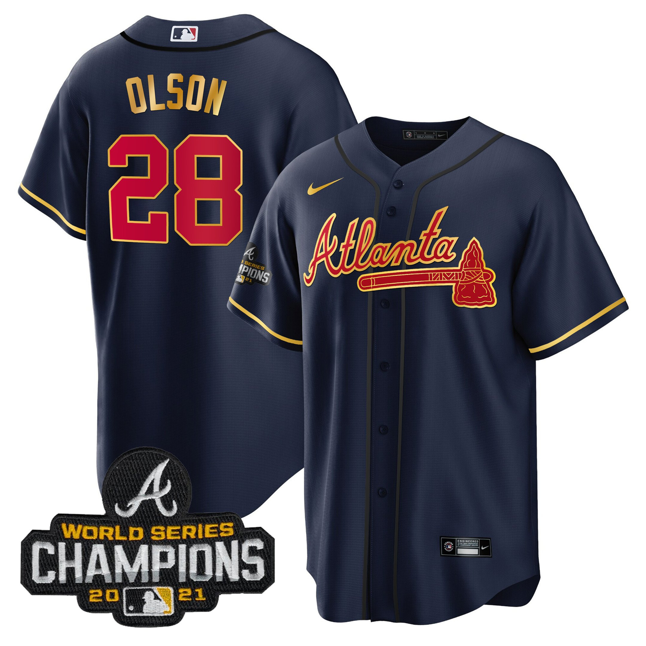 Matt Olson Men's Atlanta Braves Champions Patch Gold Trim Cool Navy Jersey - All Stitched