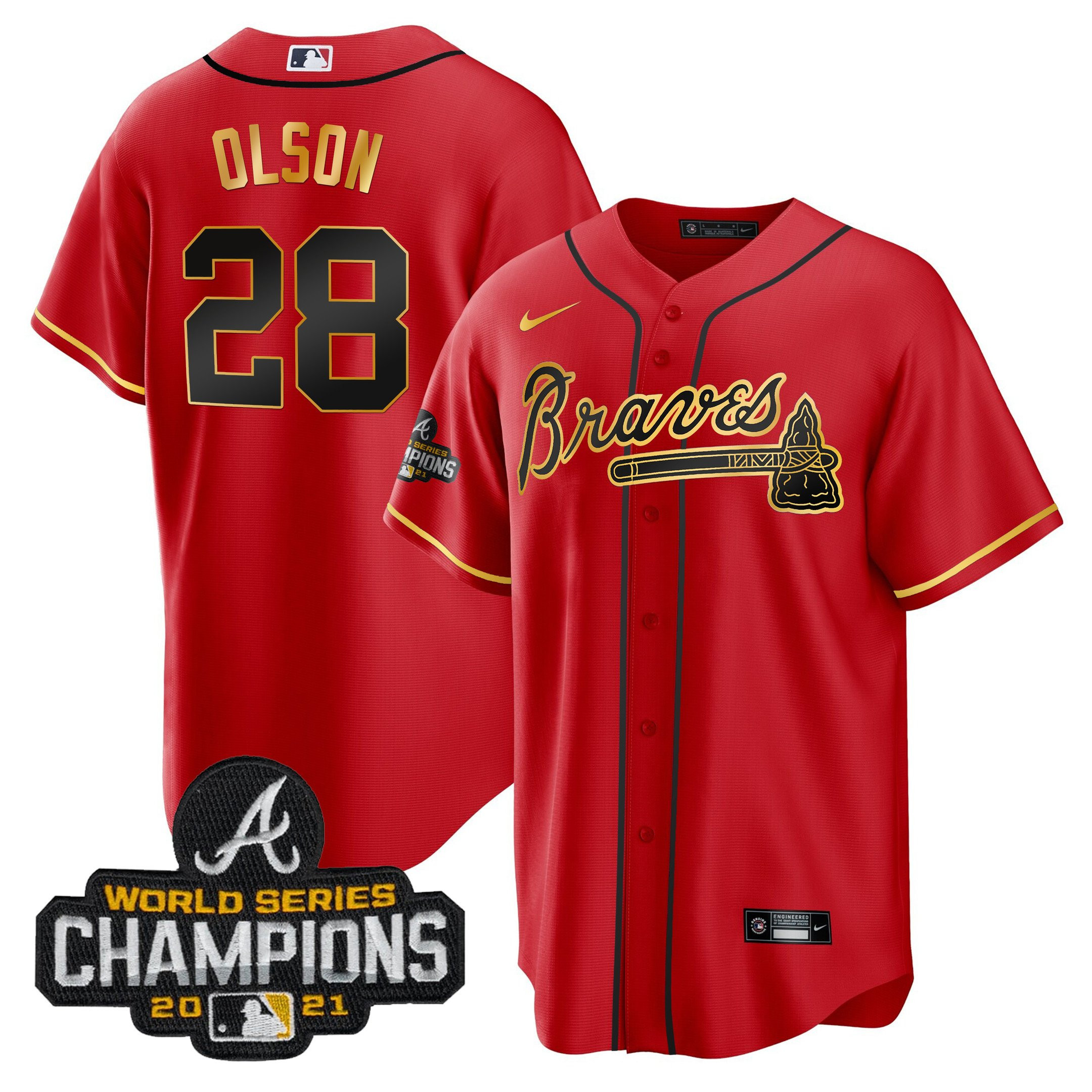 Matt Olson Men's Atlanta Braves Champions Patch Gold Trim Cool Red Jersey - All Stitched