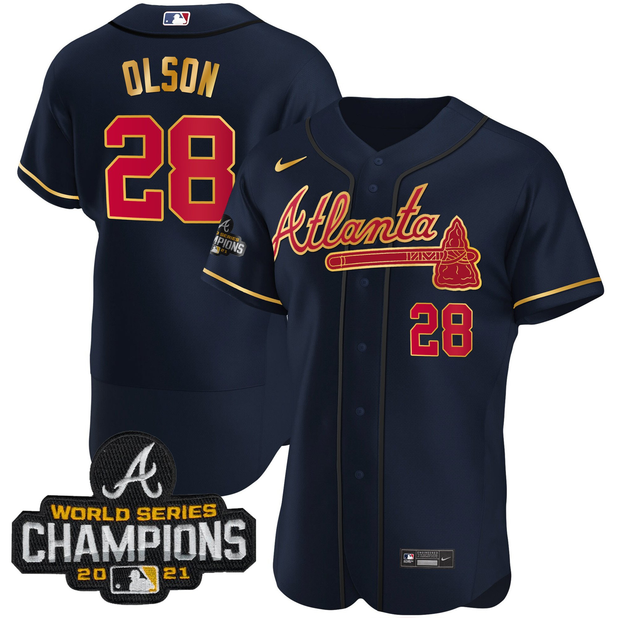 Matt Olson Men's Atlanta Braves Champions Patch Gold Trim Flex Navy Jersey - All Stitched
