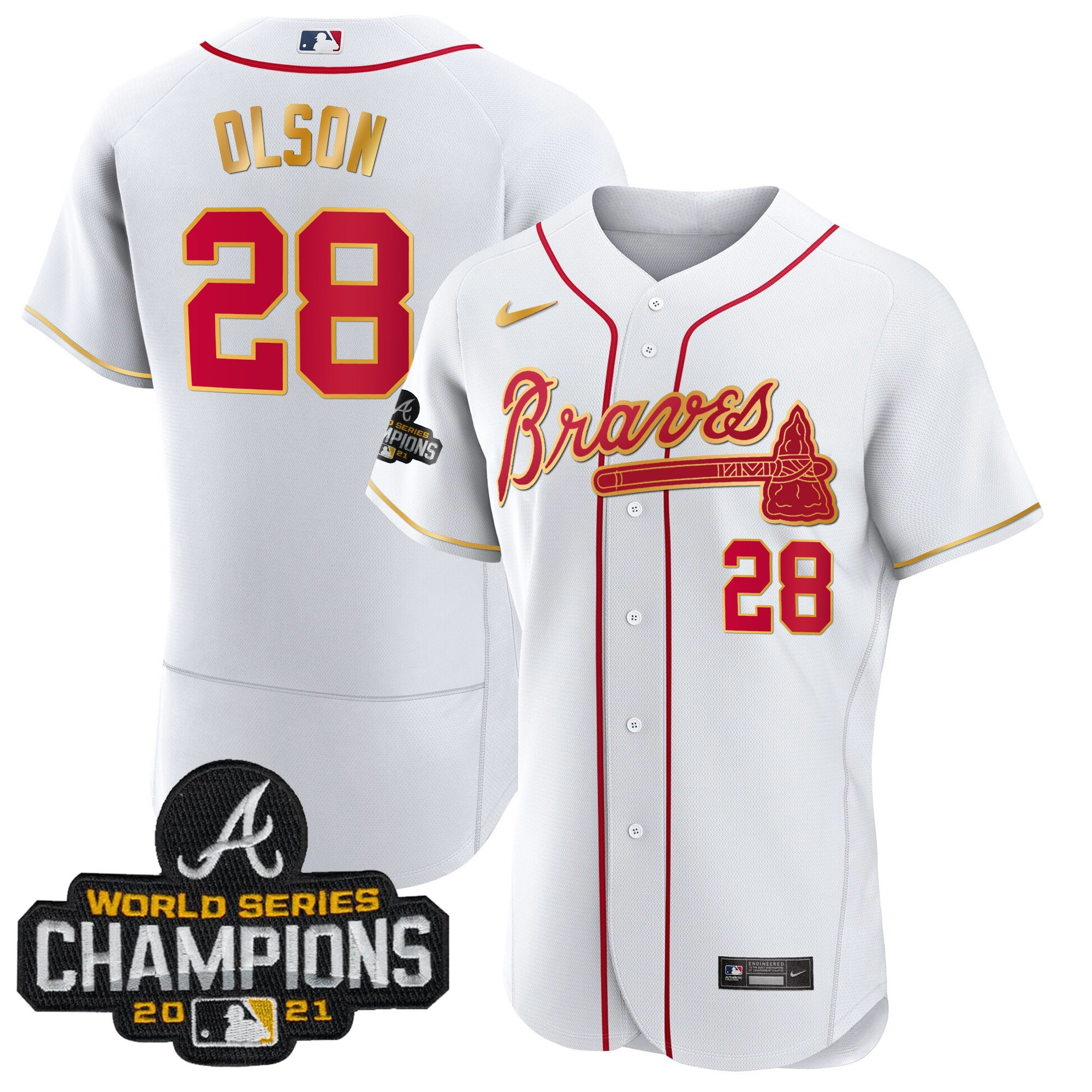 Matt Olson Men's Atlanta Braves Champions Patch Gold Trim Flex White Jersey - All Stitched