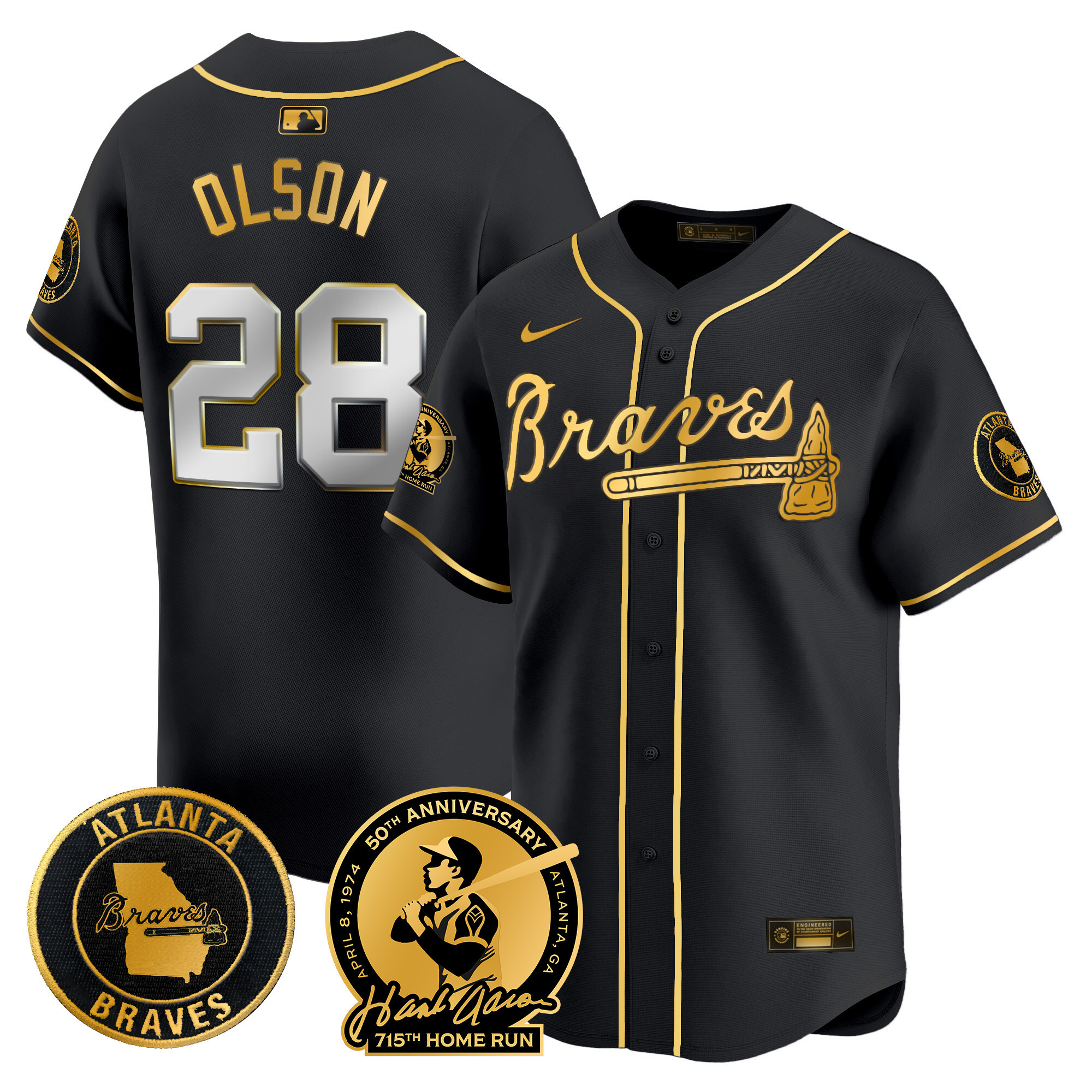 Matt Olson Men's Atlanta Braves Hank Aaron 715th Home Run Patch Vapor Premier Limited Black Gold Jersey - All Stitched