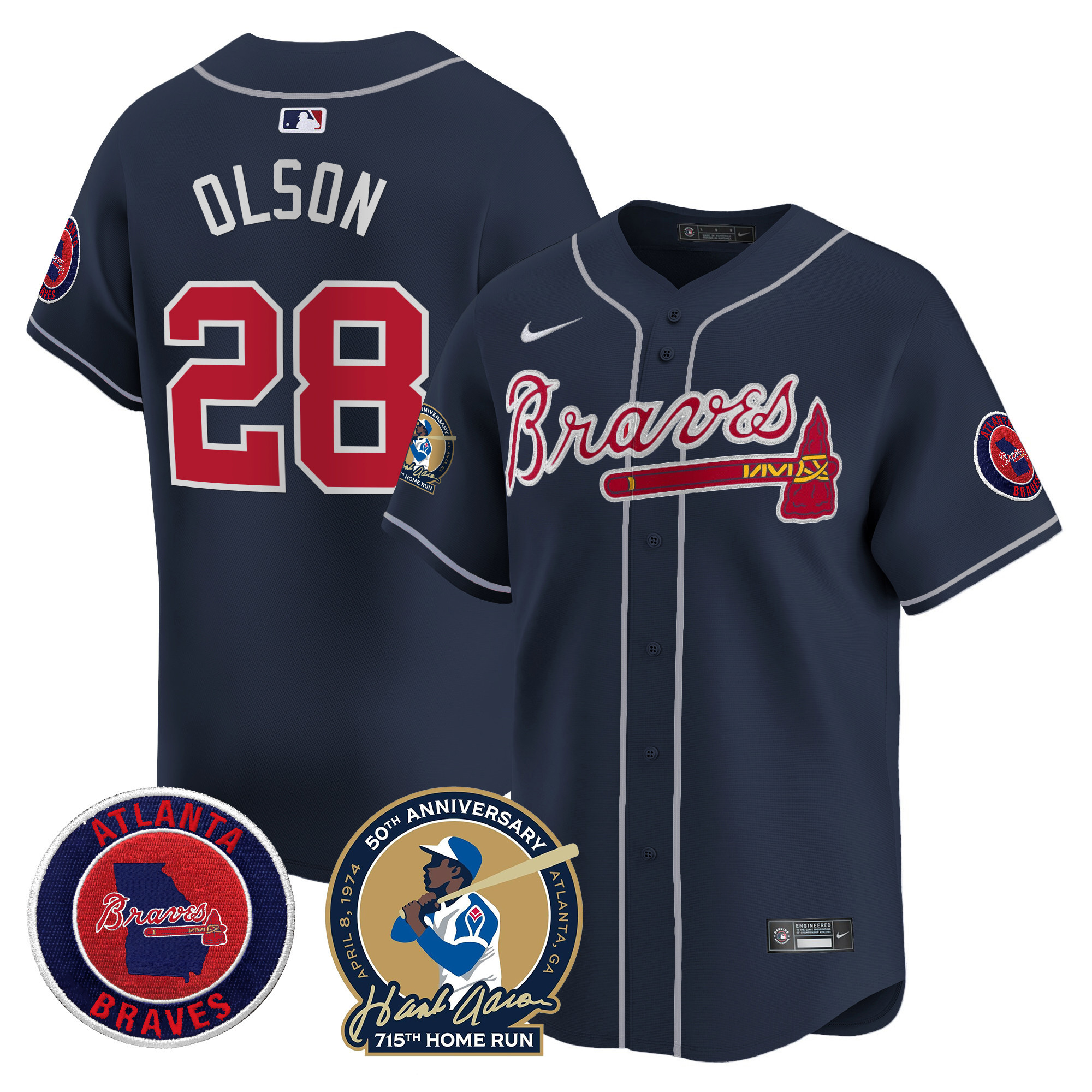 Matt Olson Men's Atlanta Braves Hank Aaron 715th Home Run Patch Vapor Premier Limited Navy Jersey - All Stitched